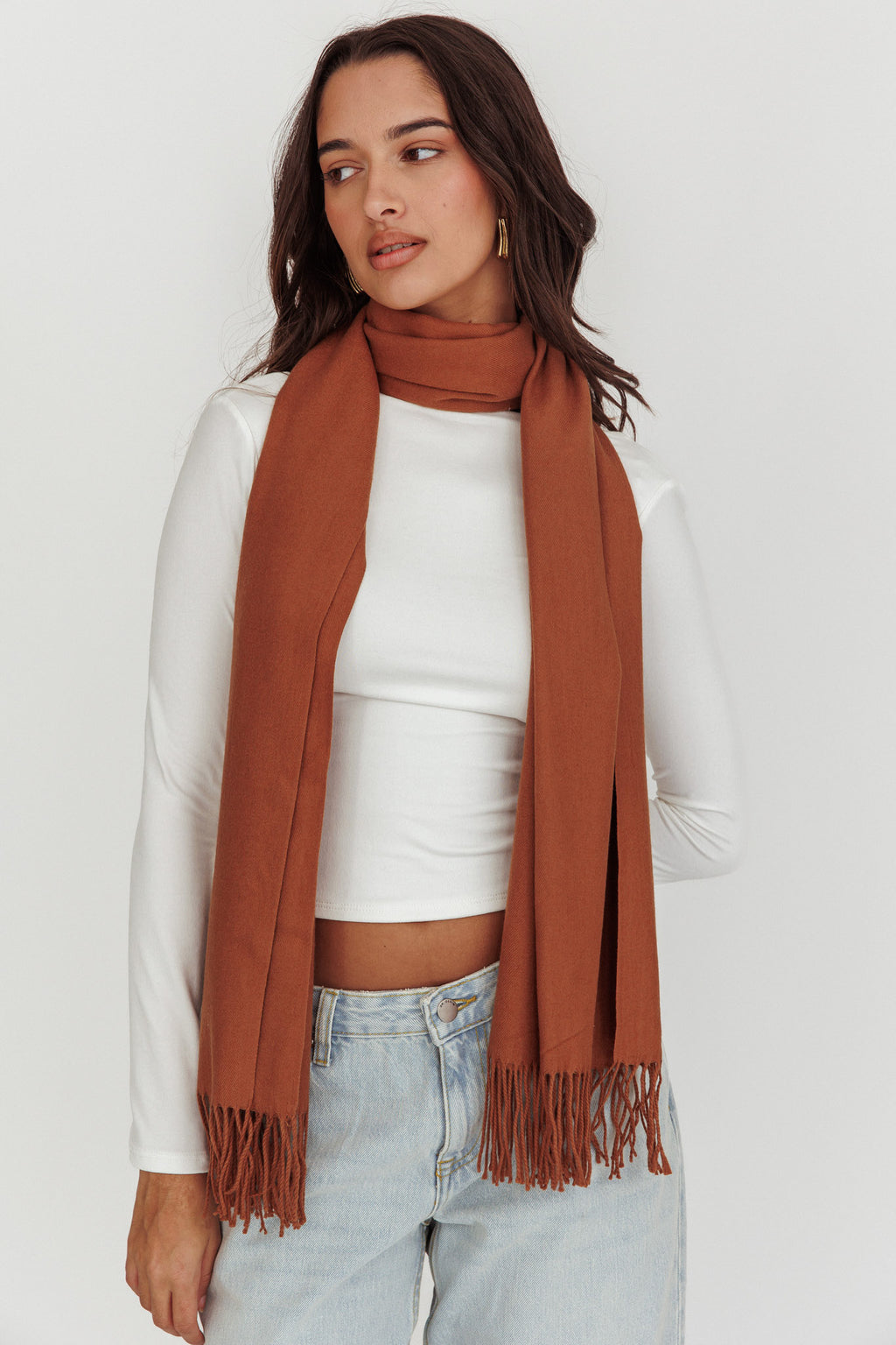 Diona Cashmere and Wool Fringed Scarf Brown by Selfie Leslie Australia