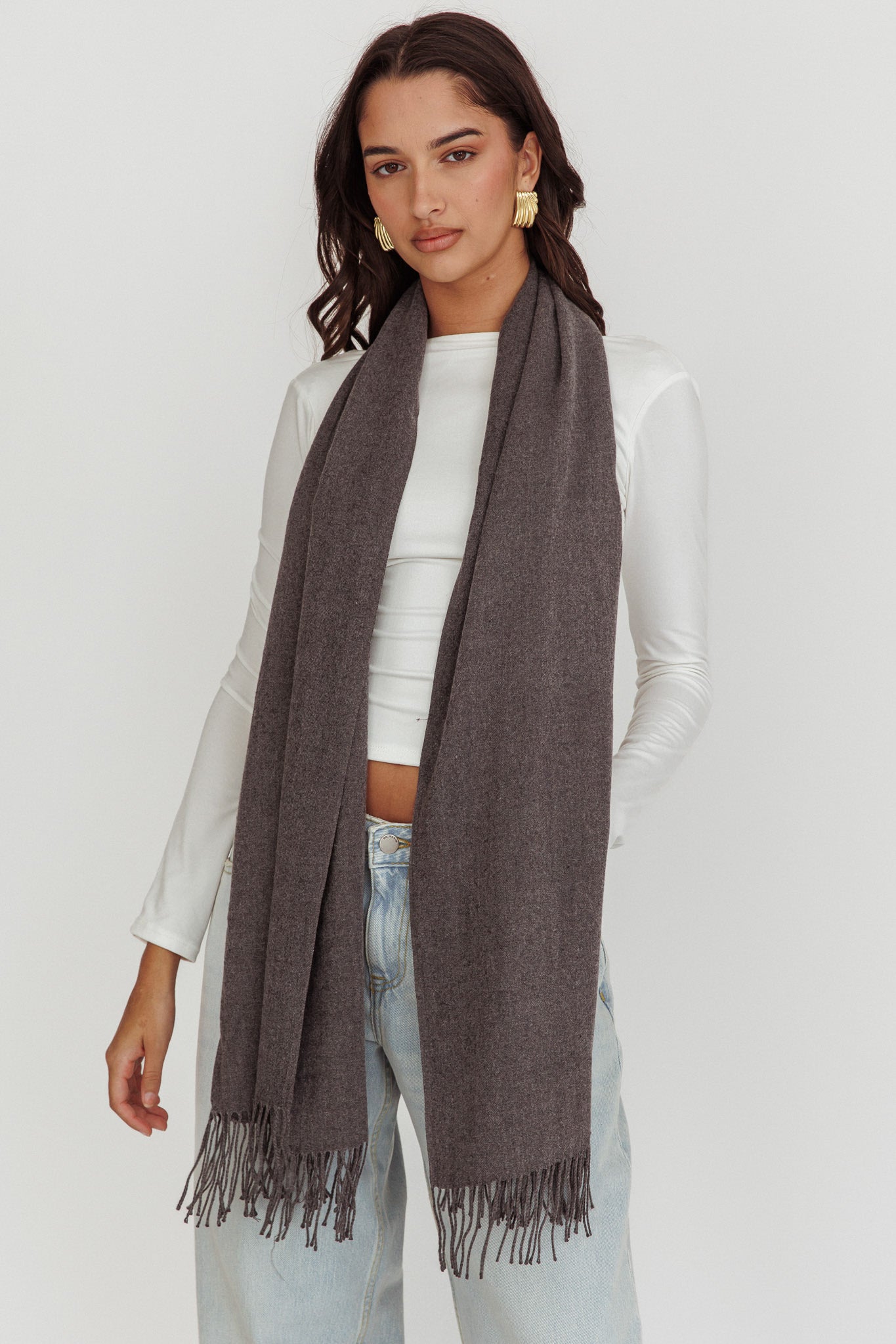 Diona Cashmere and Wool Fringed Scarf Grey by Selfie Leslie Australia