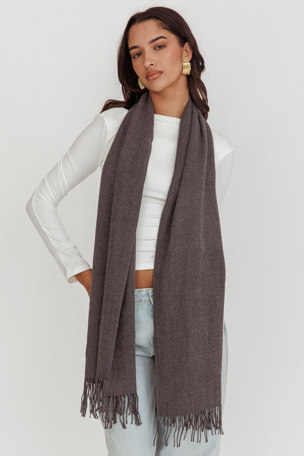 Diona Cashmere and Wool Fringed Scarf Grey by Selfie Leslie Australia