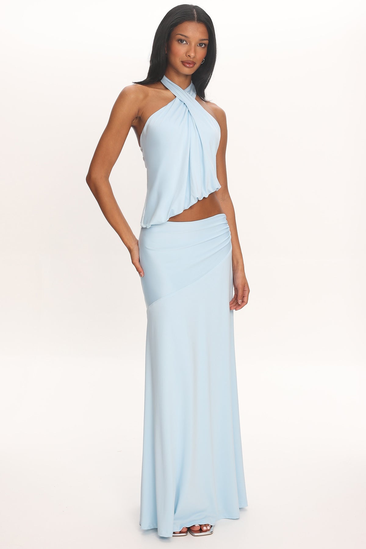 Midnight Monsoon Draped Halter Top Baby Blue