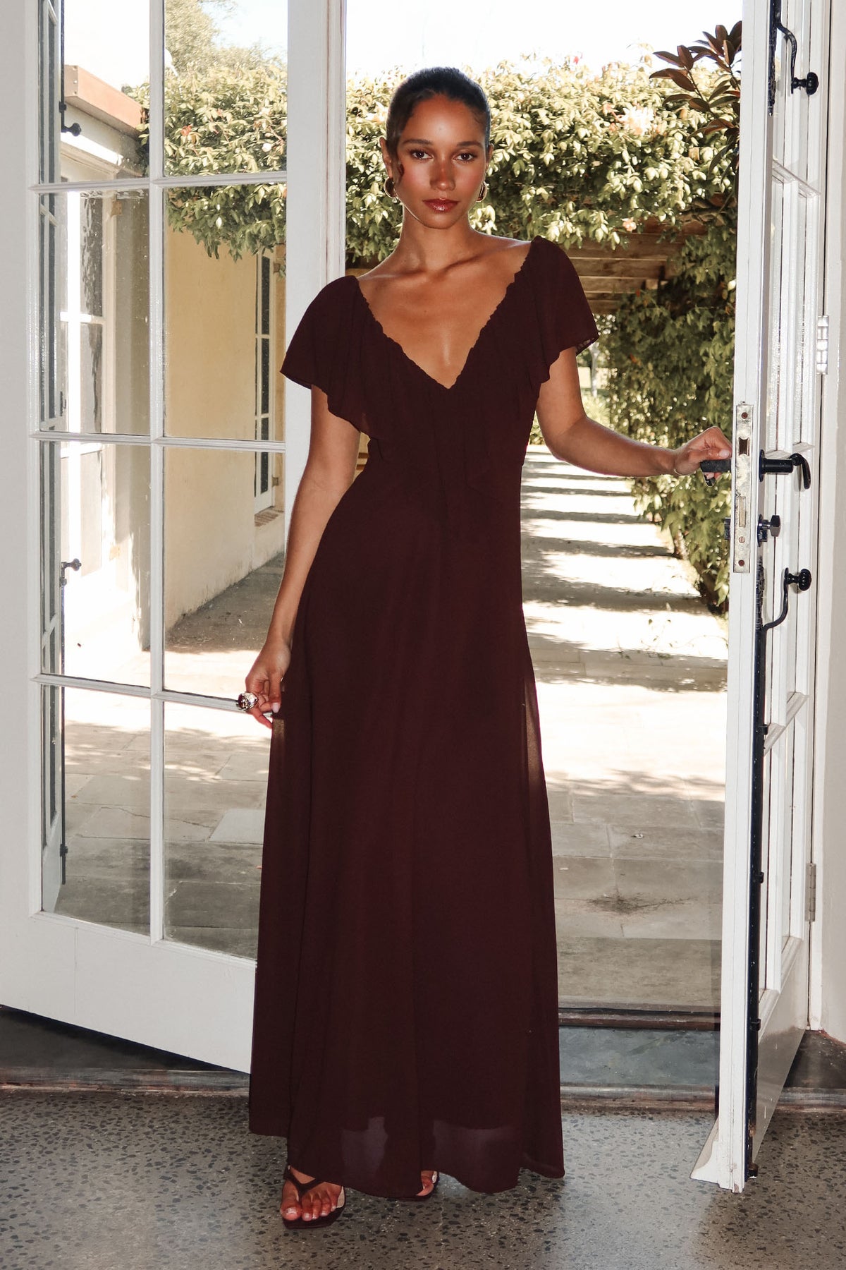 Petris Ruffle Maxi Dress Chocolate by Selfie Leslie Australia