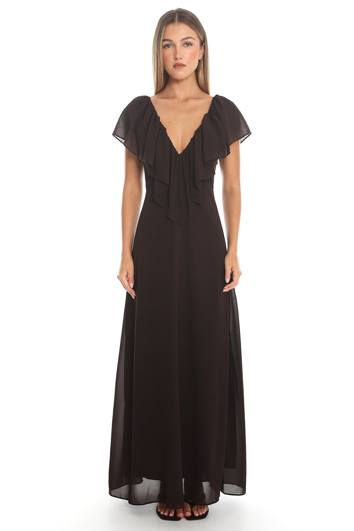 Petris Ruffle Maxi Dress Chocolate by Selfie Leslie Australia