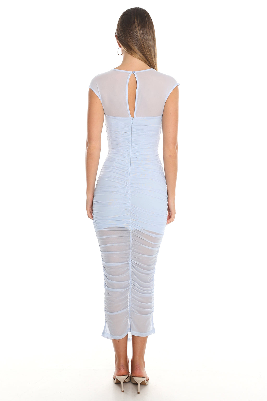 Everly Ruched Mesh Midi Dress Light Blue by Selfie Leslie Australia