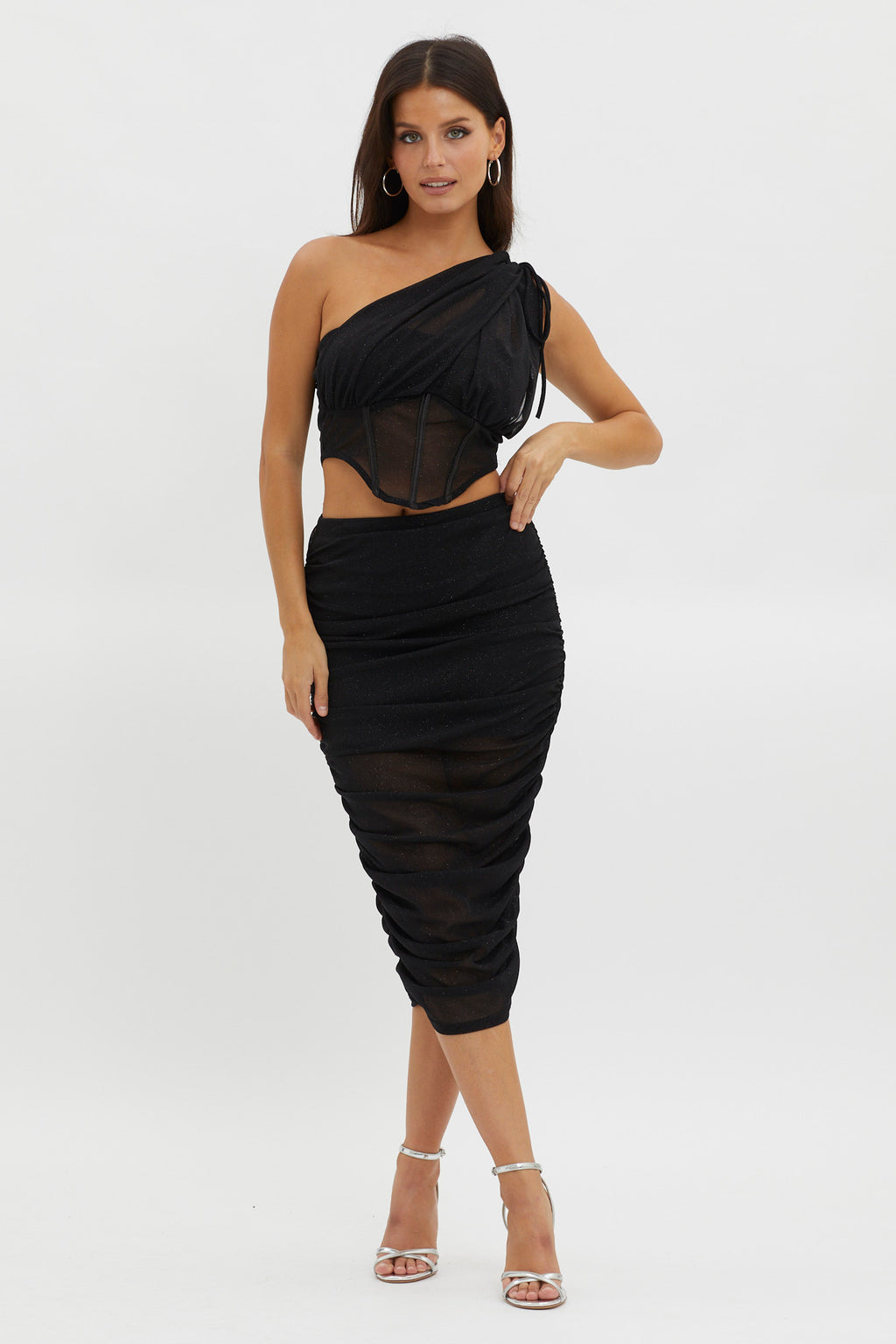 Maddisan Ruched Glitter Mesh Midi Skirt Black by Selfie Leslie Australia