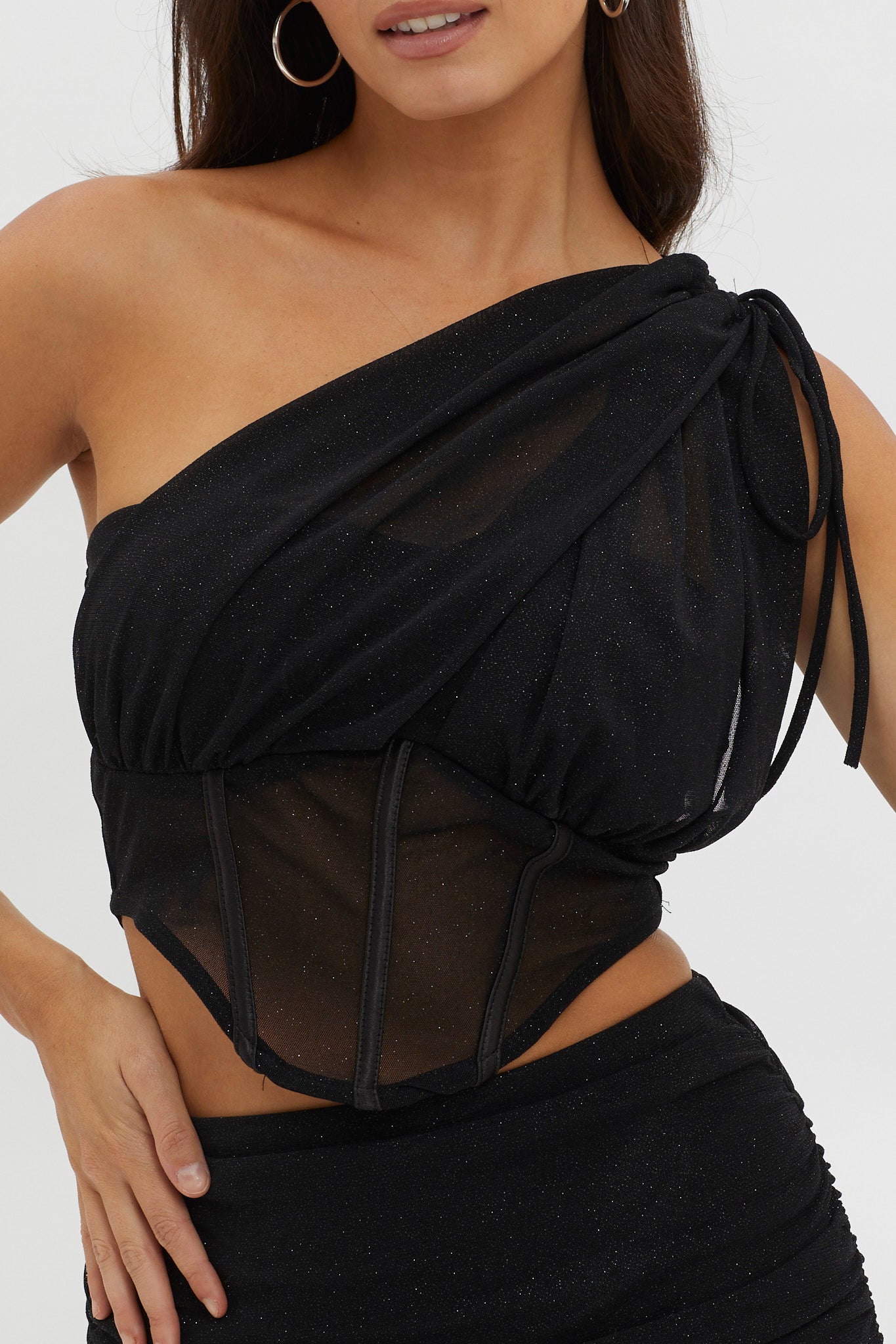 Maddisan One-Shoulder Glitter Mesh Top Black by Selfie Leslie Australia