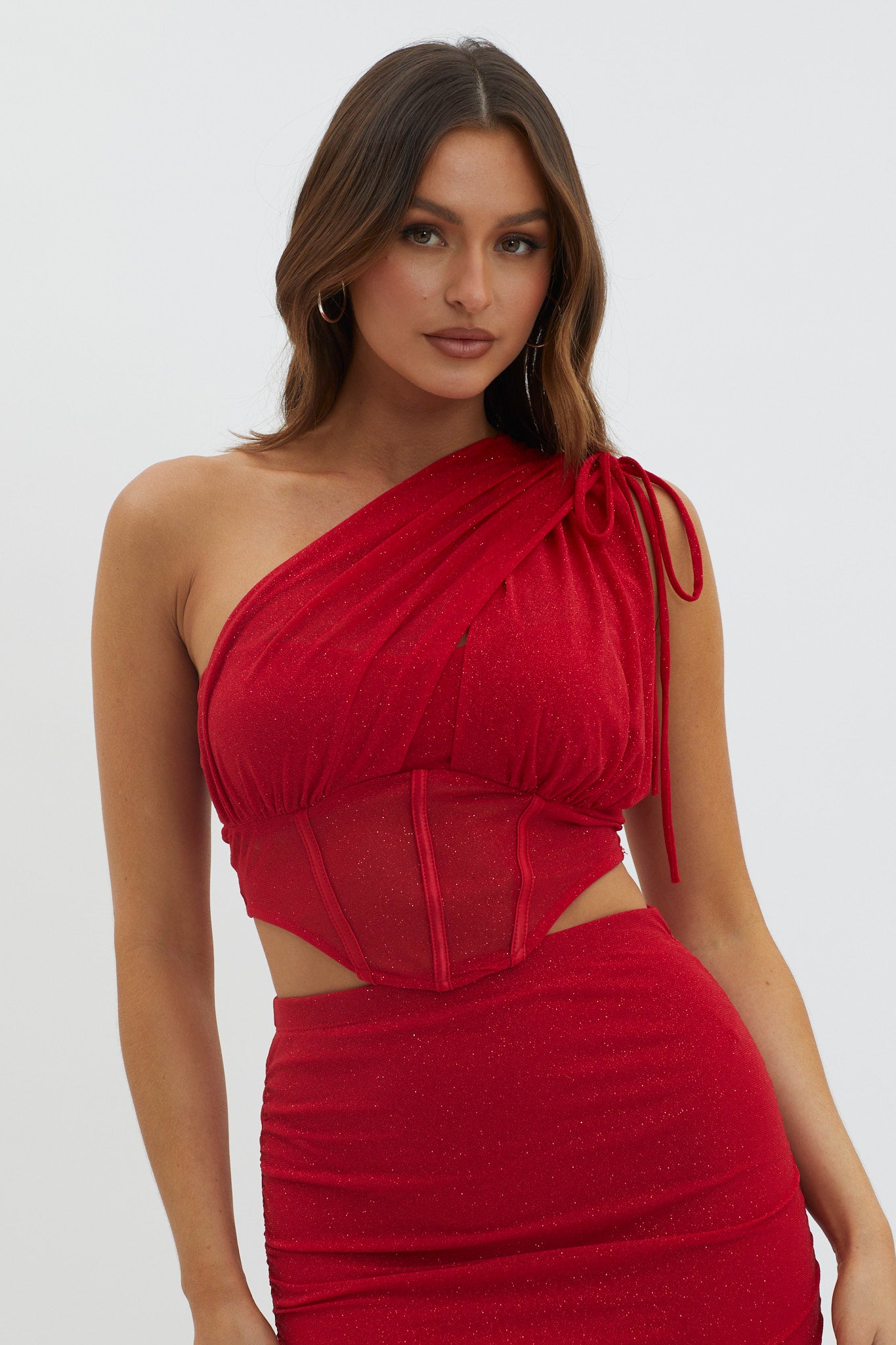 Maddisan One-Shoulder Glitter Mesh Top Red by Selfie Leslie Australia