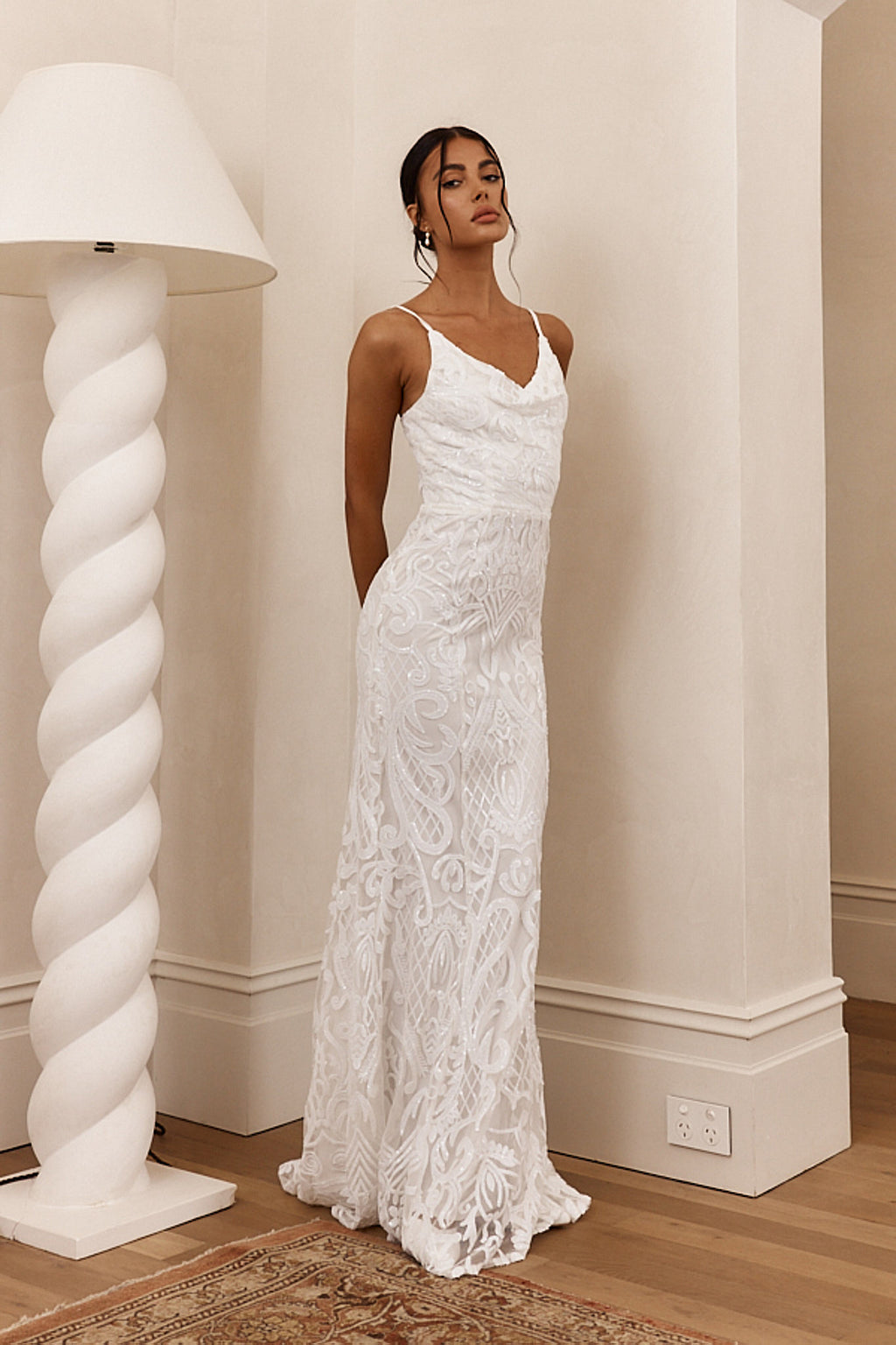 Cezanne Sequin Cowl Neck Maxi Dress White by Selfie Leslie Australia