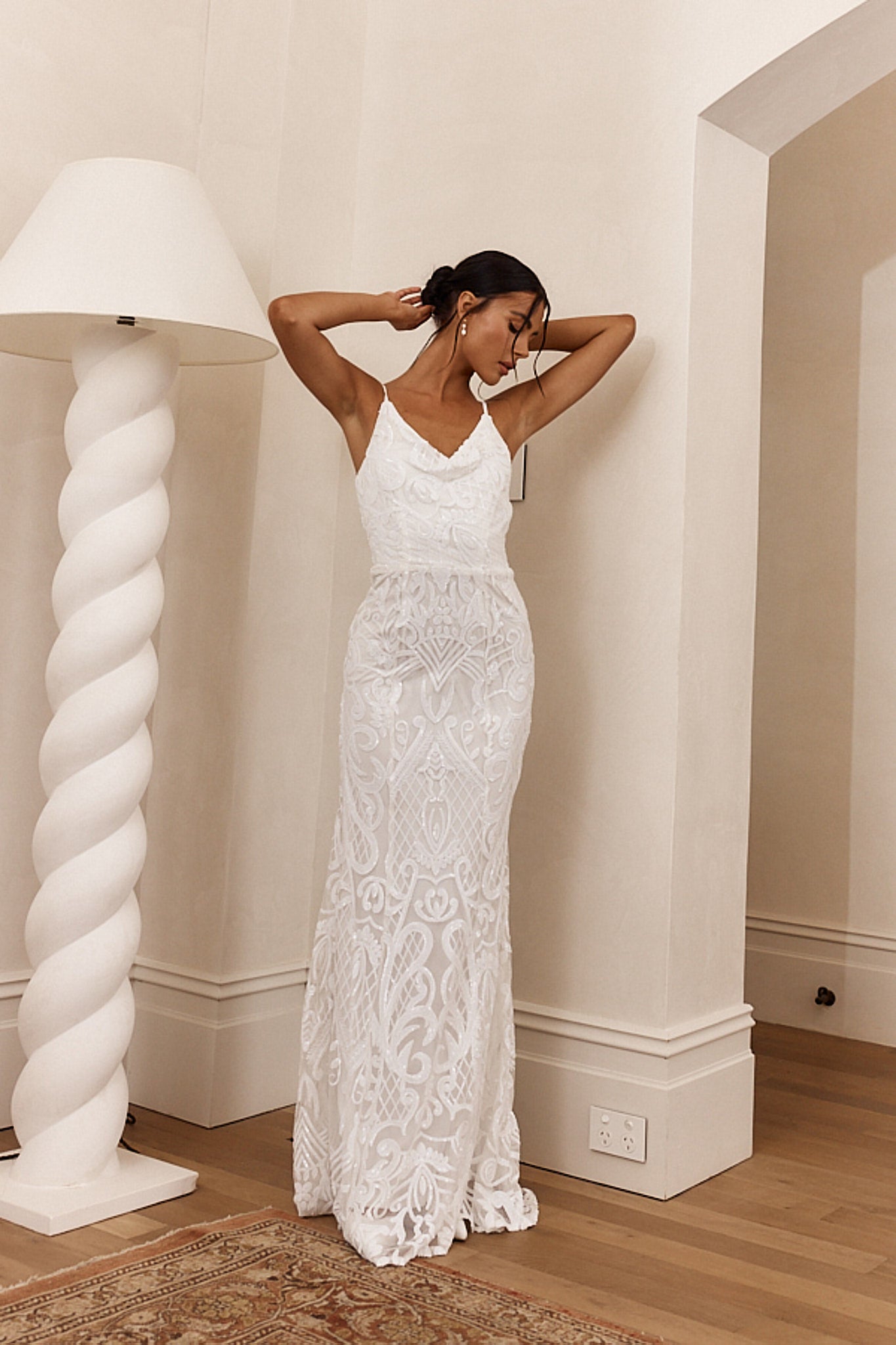 Cezanne Sequin Cowl Neck Maxi Dress White by Selfie Leslie Australia