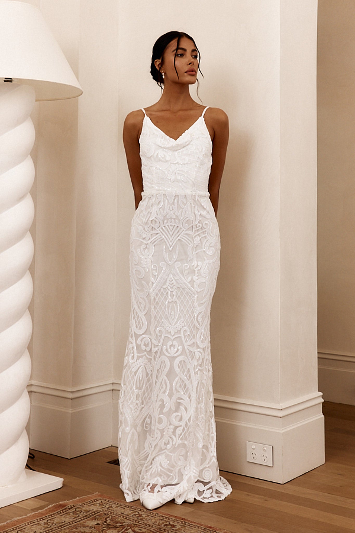 Cezanne Sequin Cowl Neck Maxi Dress White by Selfie Leslie Australia