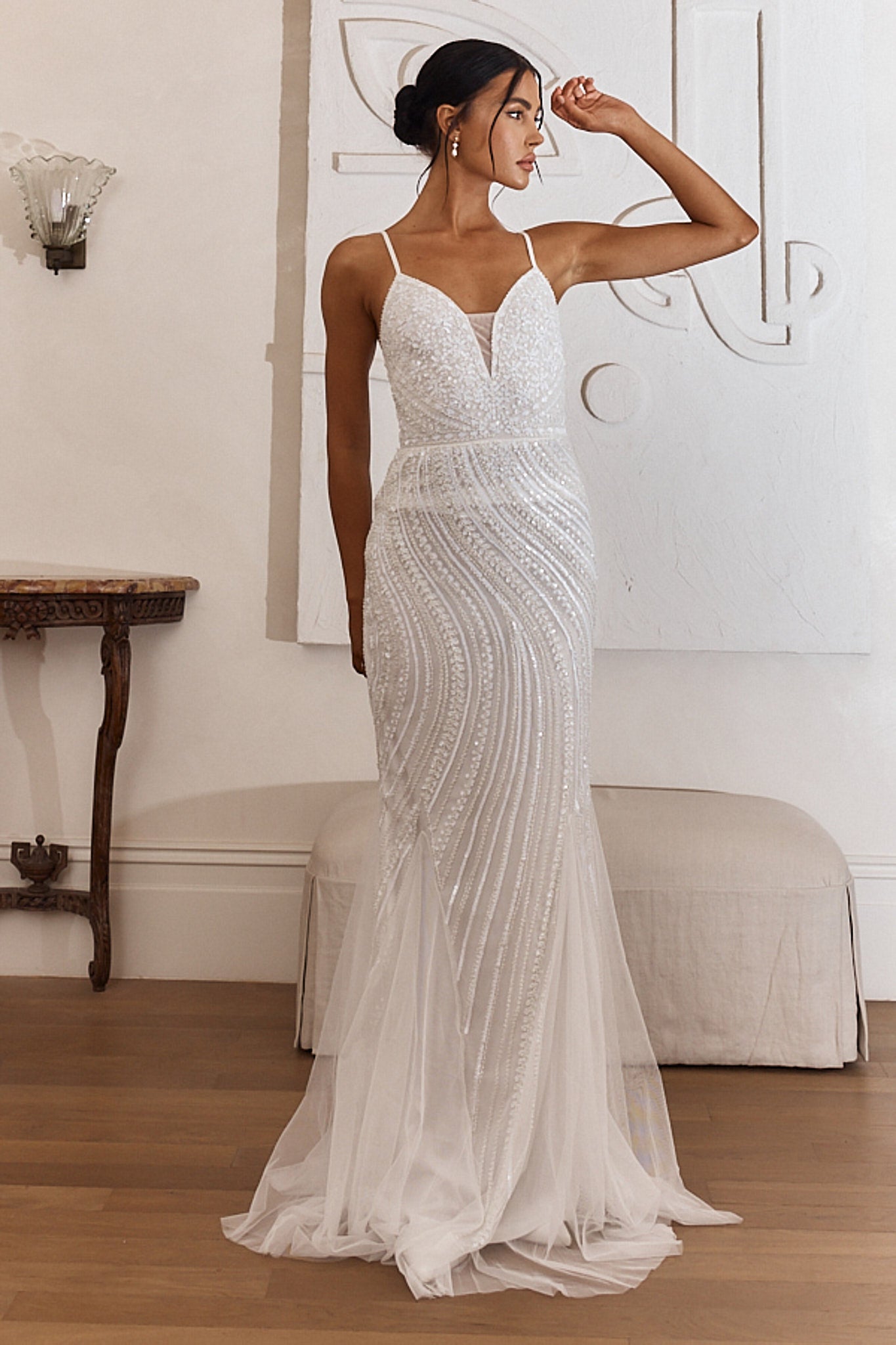 Eternal Love Sequin Godet Hem Maxi Dress White by Selfie Leslie Australia