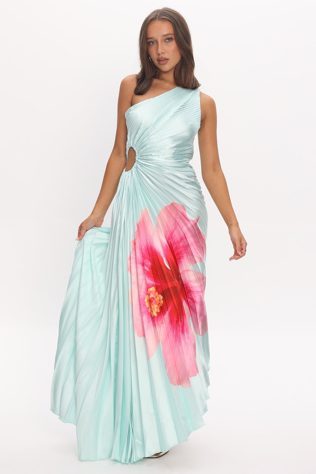 Amelie One-Shoulder Accordion Pleat Maxi Dress Hibiscus Mint by Selfie Leslie Australia