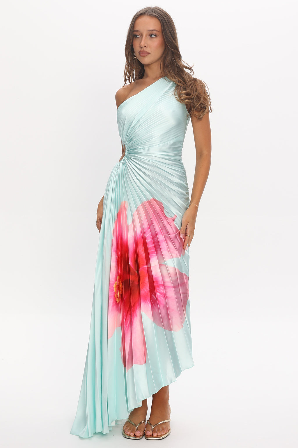 Amelie One-Shoulder Accordion Pleat Maxi Dress Hibiscus Mint by Selfie Leslie Australia