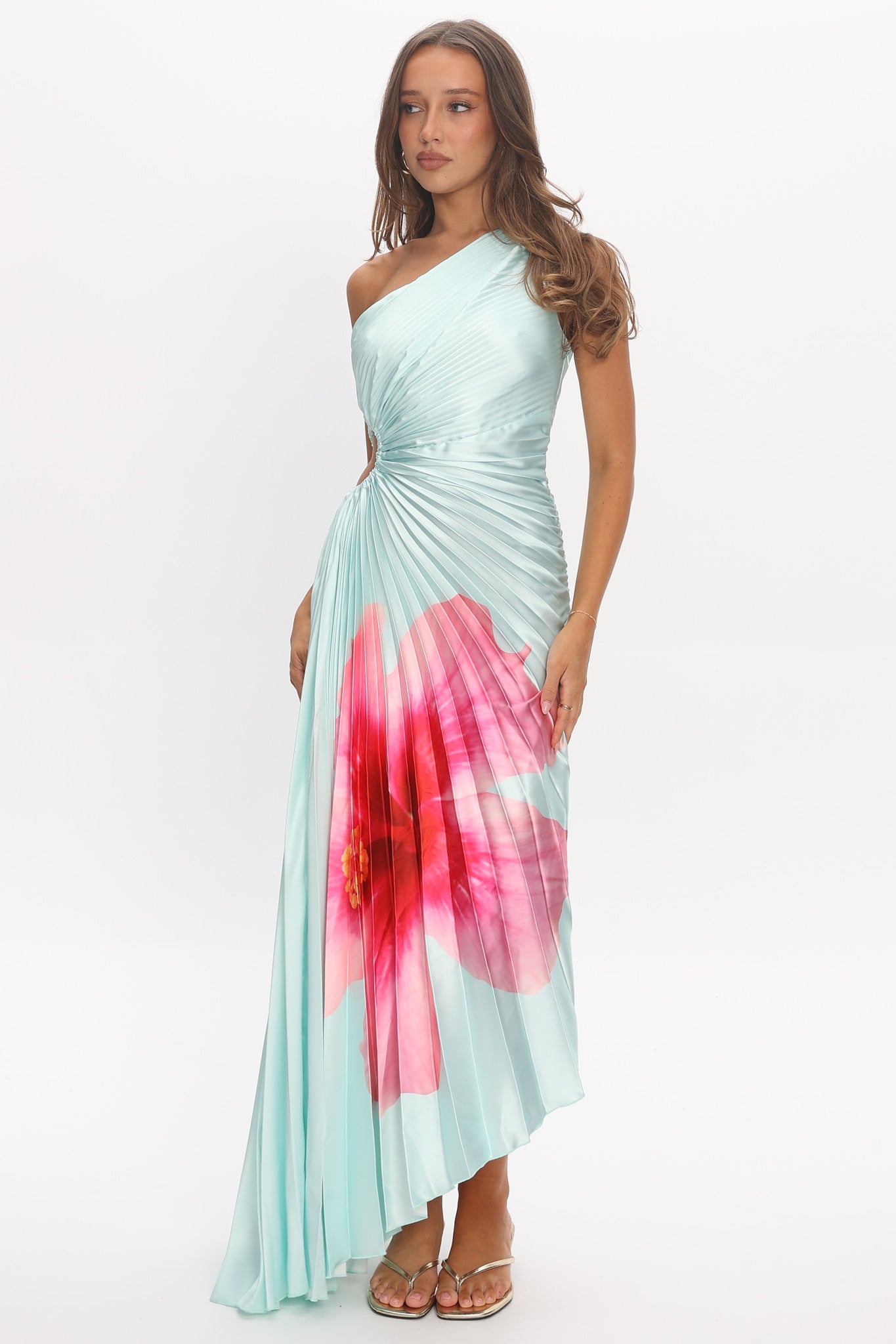 Amelie One-Shoulder Accordion Pleat Maxi Dress Hibiscus Mint by Selfie Leslie Australia