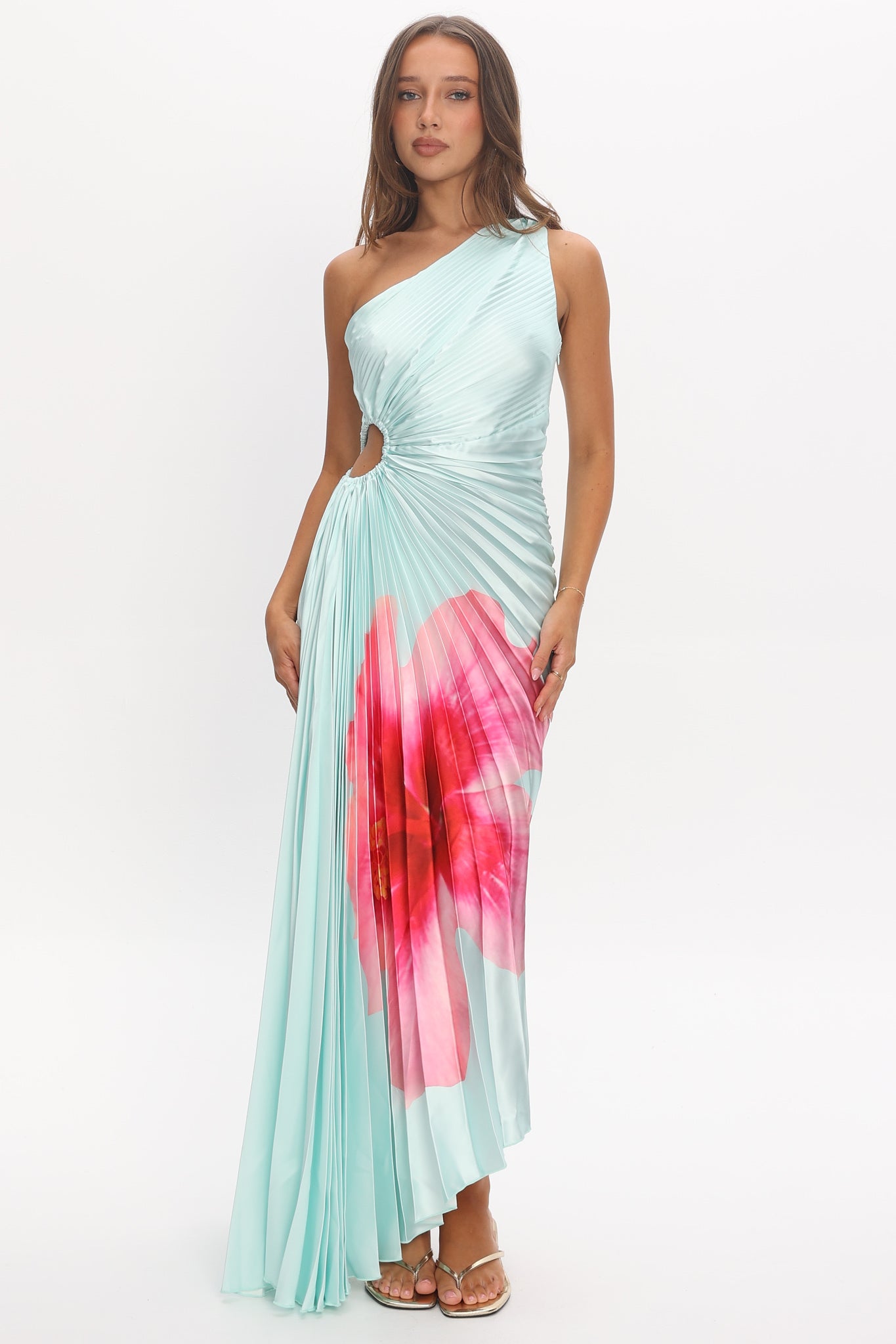 Amelie One-Shoulder Accordion Pleat Maxi Dress Hibiscus Mint by Selfie Leslie Australia