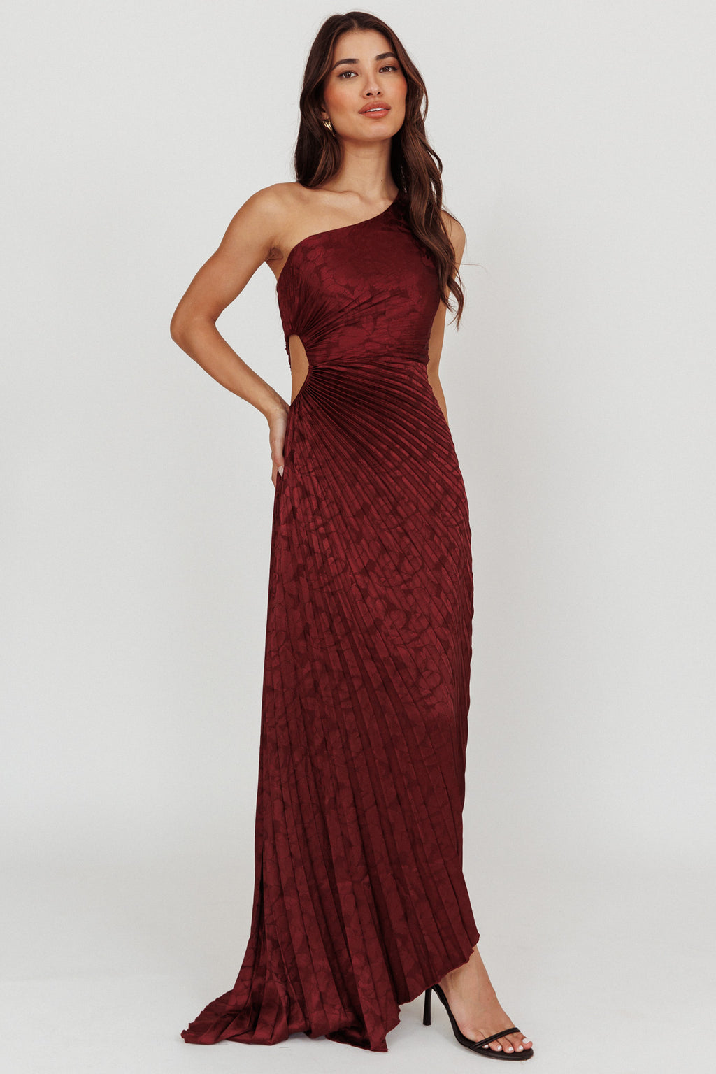 Amelie One-Shoulder Accordion Pleat Maxi Dress Merlot by Selfie Leslie Australia