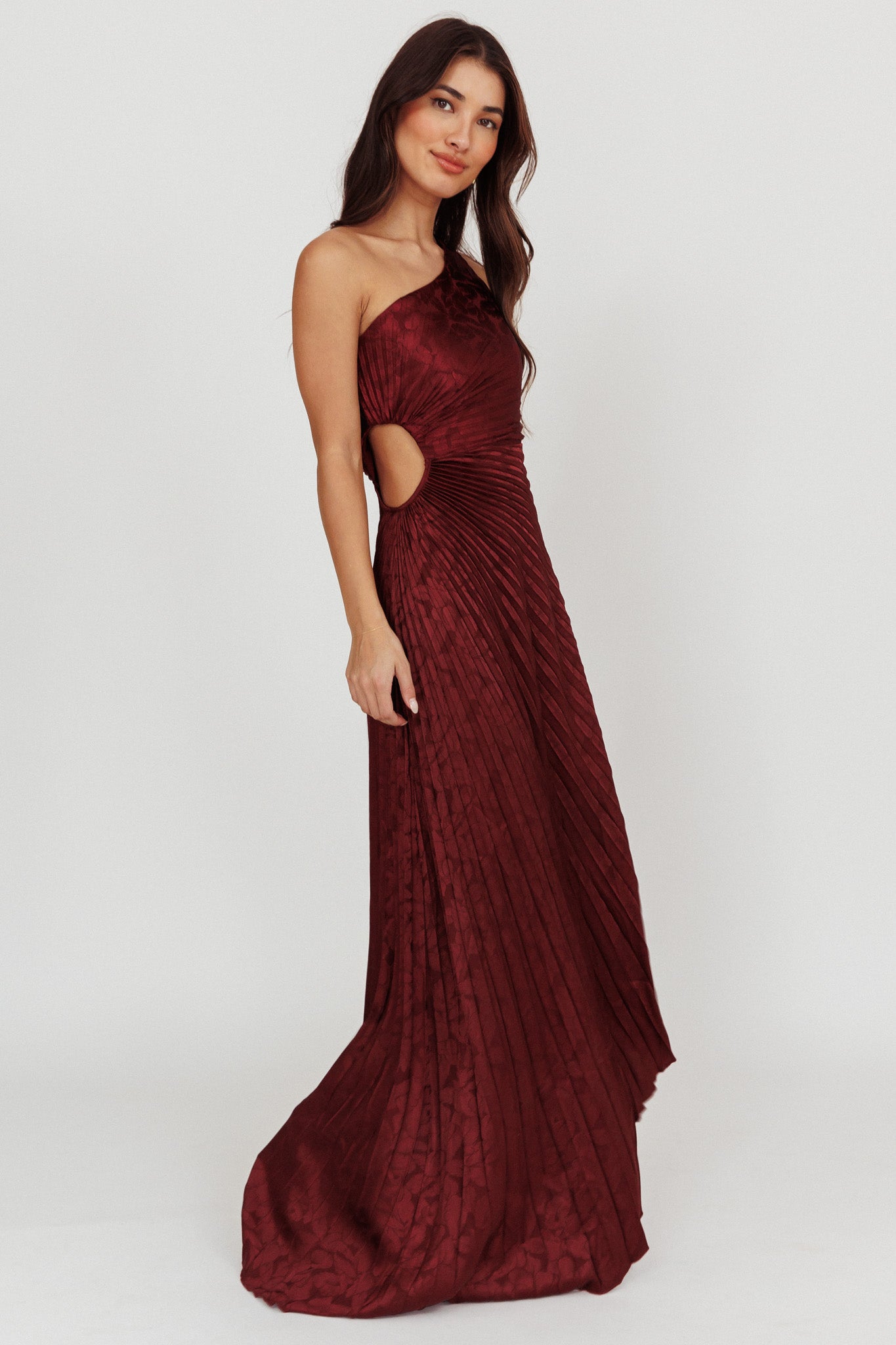Amelie One-Shoulder Accordion Pleat Maxi Dress Merlot by Selfie Leslie Australia