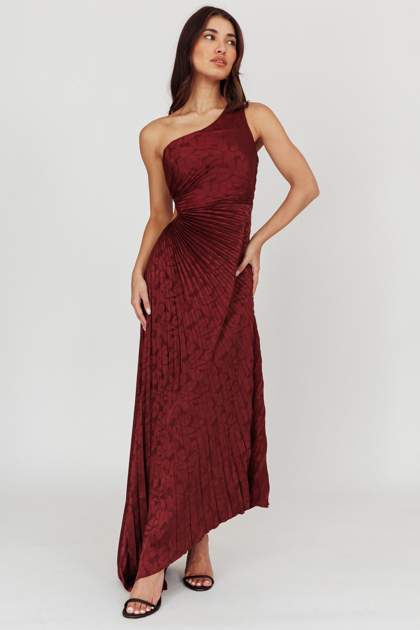 Amelie One-Shoulder Accordion Pleat Maxi Dress Merlot by Selfie Leslie Australia