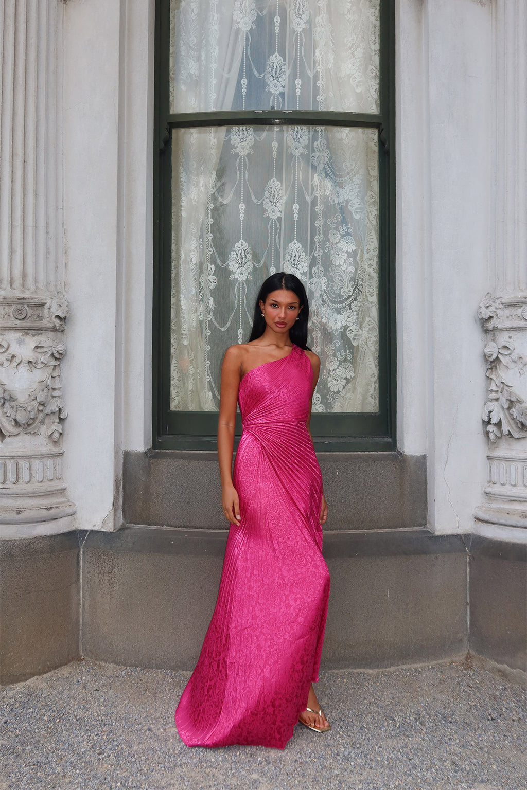 Amelie One-Shoulder Accordion Pleat Maxi Dress Floral Fuchsia by Selfie Leslie Australia