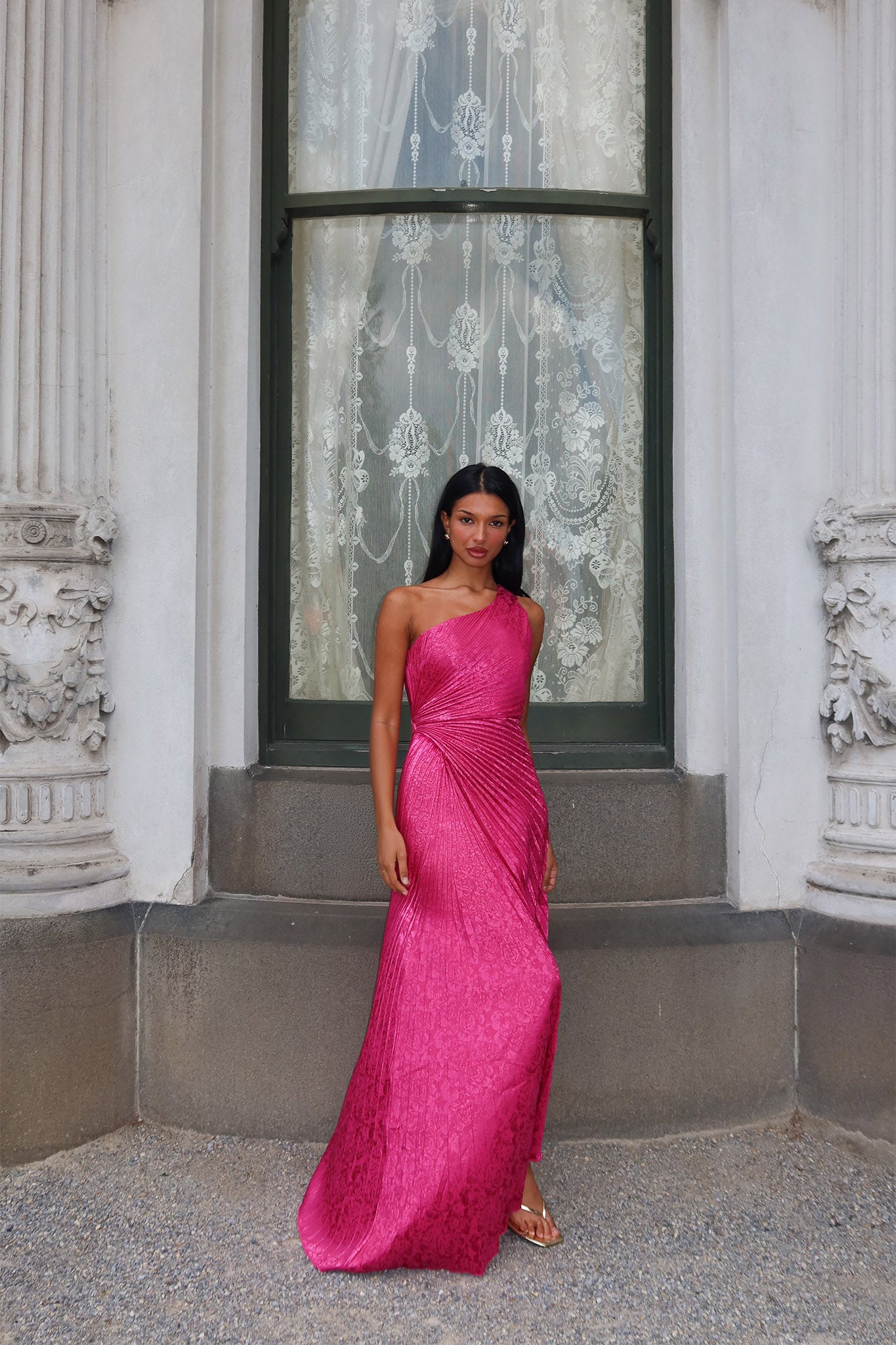 Amelie One-Shoulder Accordion Pleat Maxi Dress Floral Fuchsia by Selfie Leslie Australia