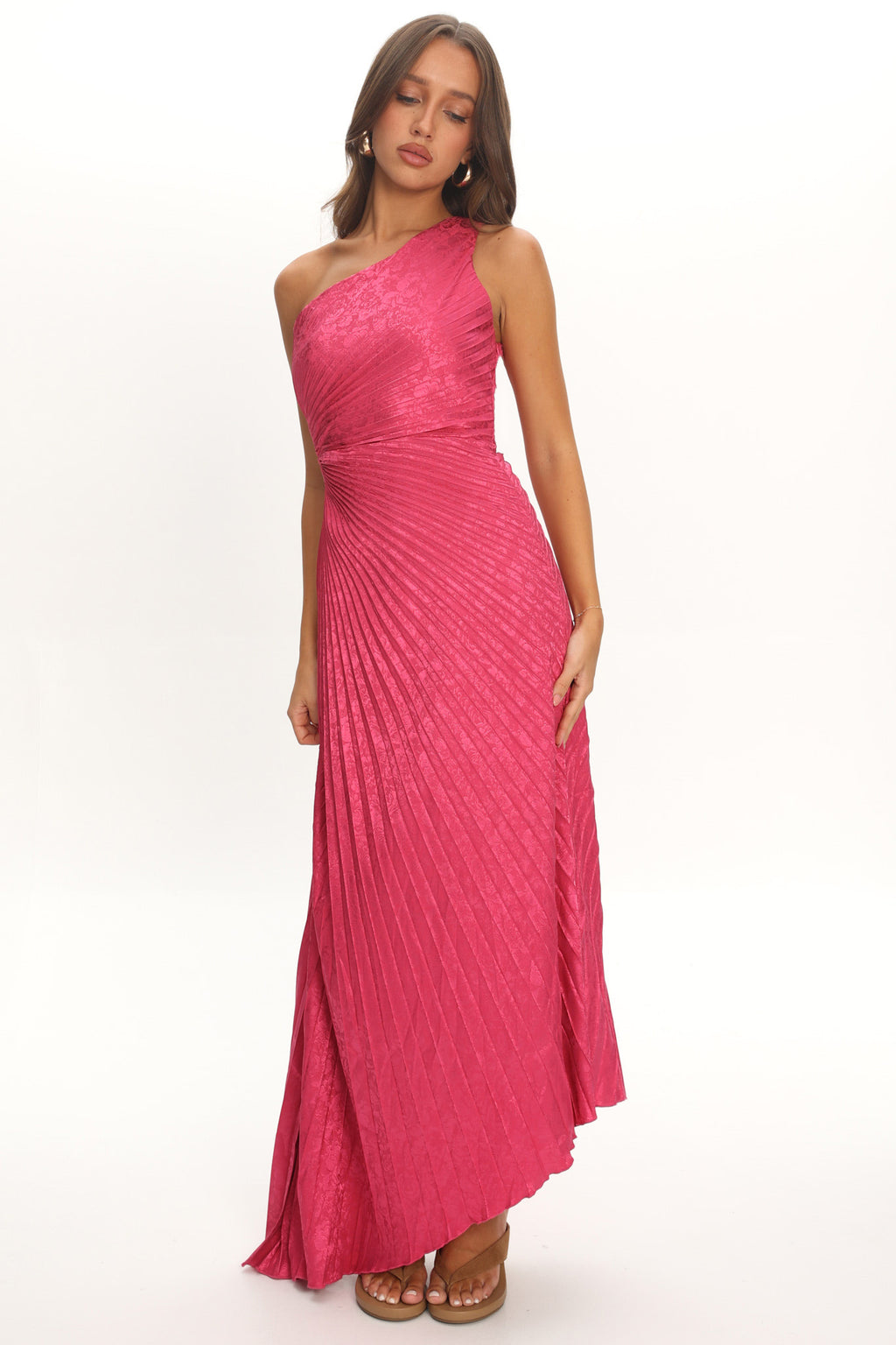 Amelie One-Shoulder Accordion Pleat Maxi Dress Floral Fuchsia by Selfie Leslie Australia