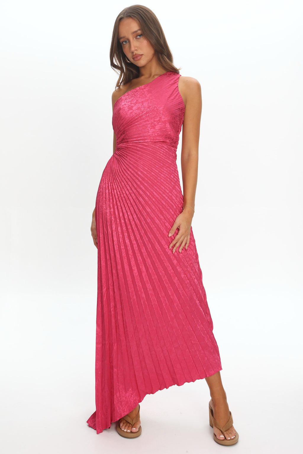 Amelie One-Shoulder Accordion Pleat Maxi Dress Floral Fuchsia by Selfie Leslie Australia