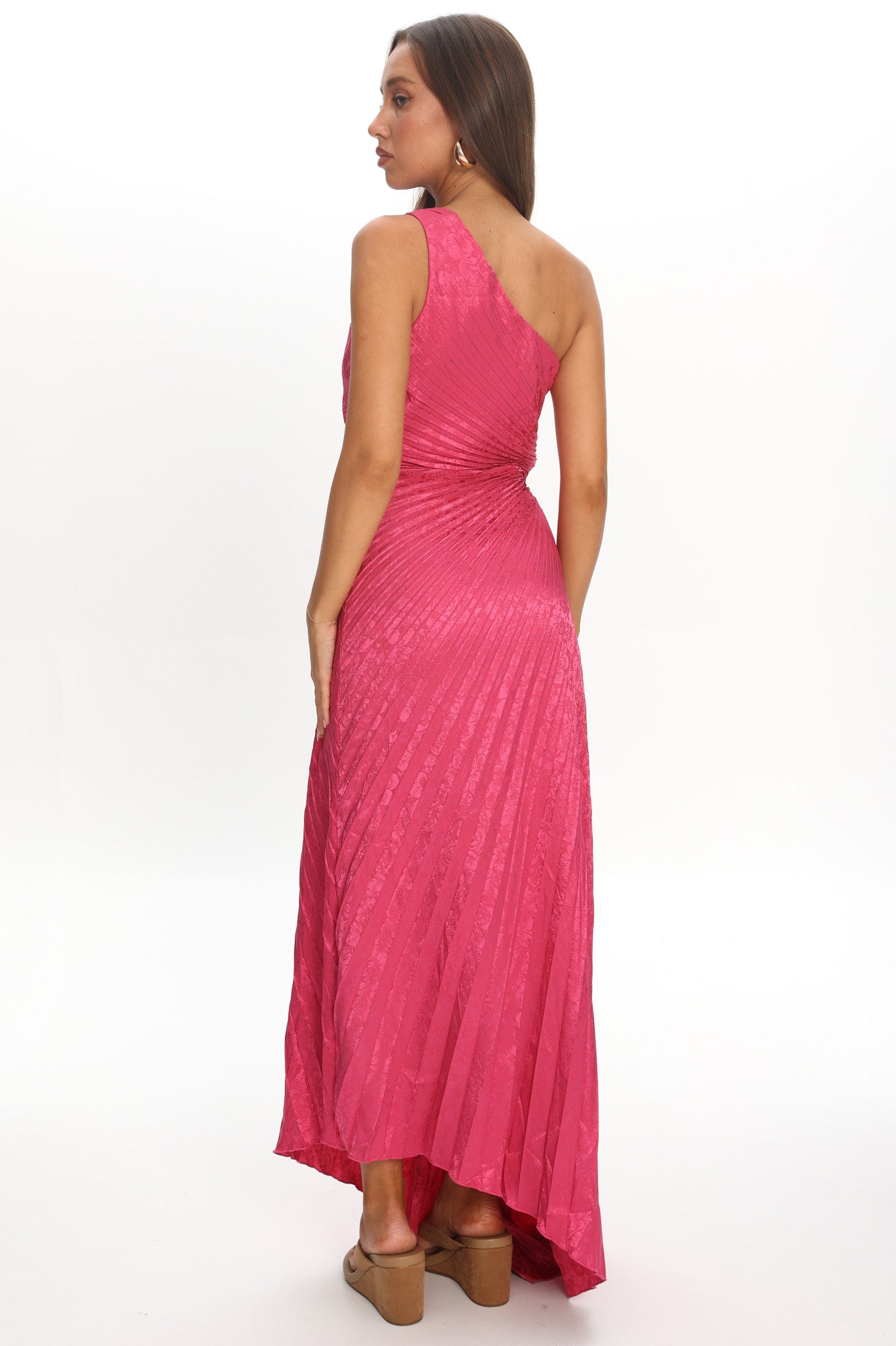 Amelie One-Shoulder Accordion Pleat Maxi Dress Floral Fuchsia by Selfie Leslie Australia