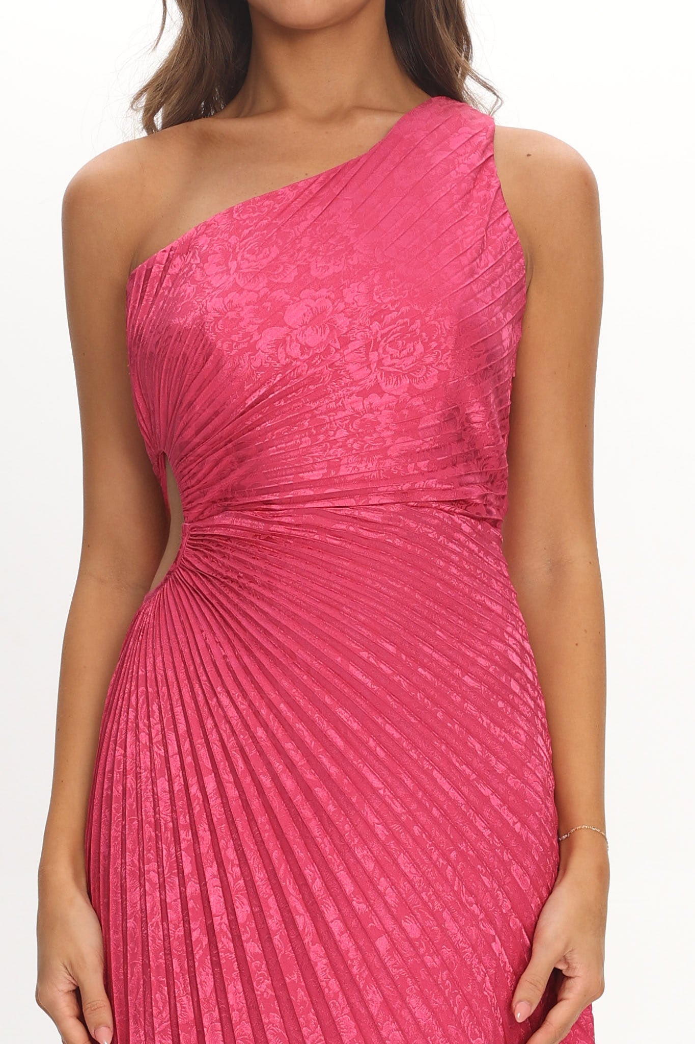 Amelie One-Shoulder Accordion Pleat Maxi Dress Floral Fuchsia by Selfie Leslie Australia