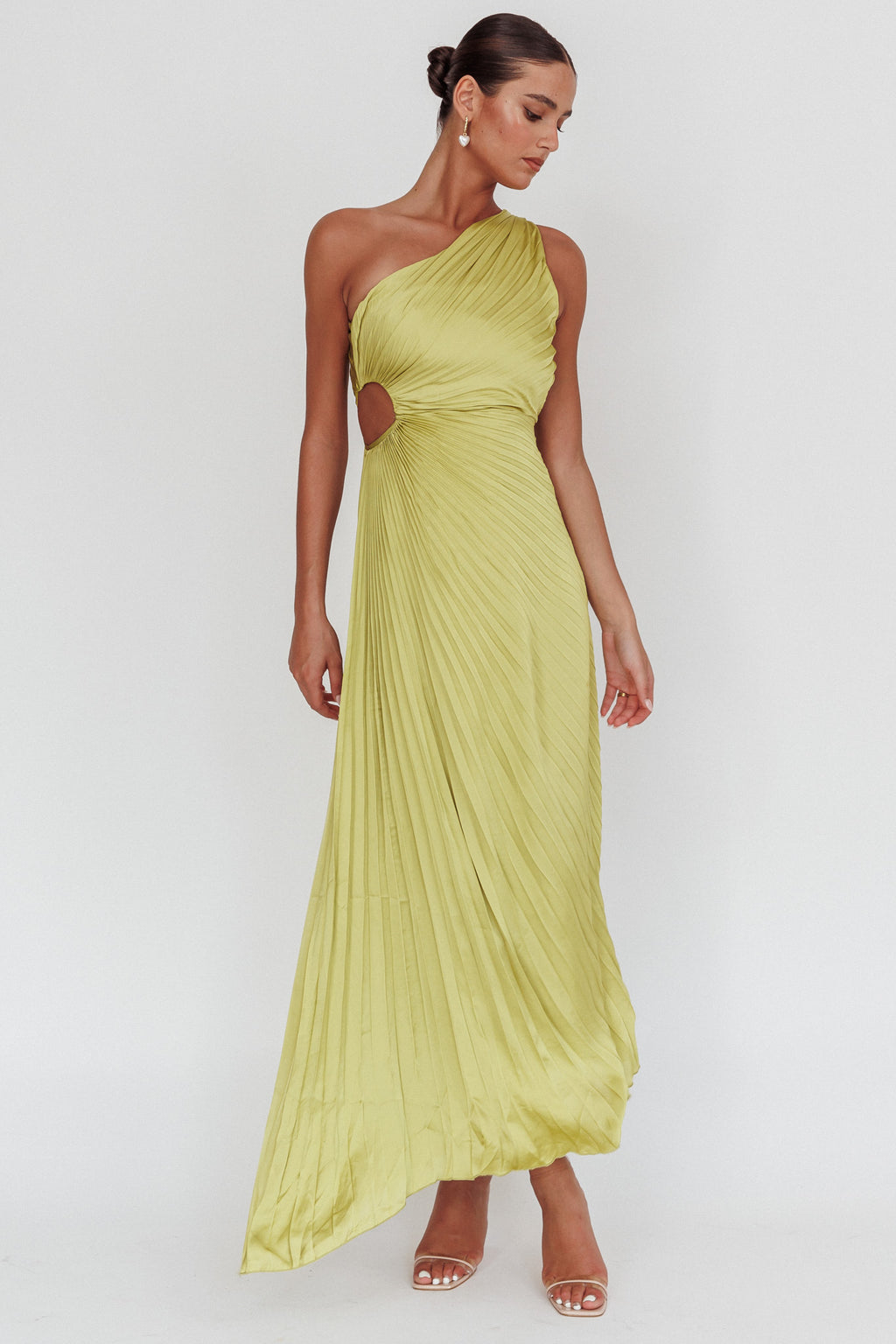Amelie One-Shoulder Accordion Pleat Maxi Dress Lime by Selfie Leslie Australia