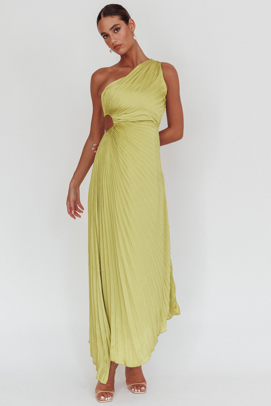 Amelie One-Shoulder Accordion Pleat Maxi Dress Lime by Selfie Leslie Australia