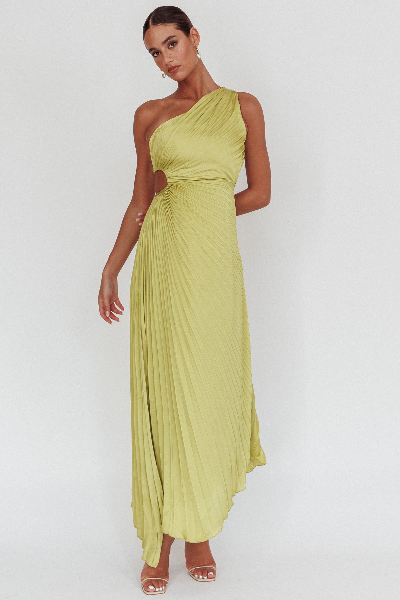 Amelie One-Shoulder Accordion Pleat Maxi Dress Lime by Selfie Leslie Australia