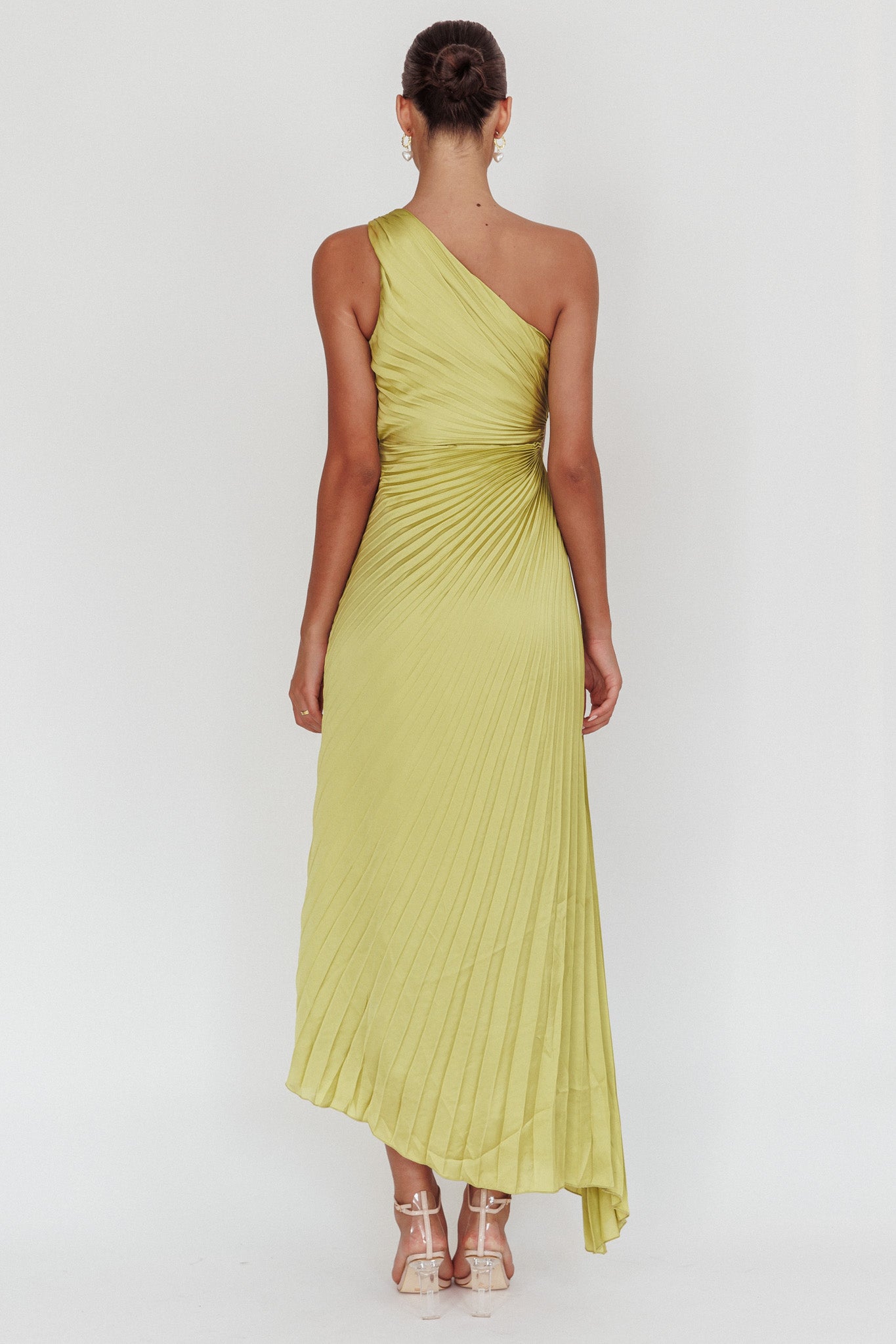 Amelie One-Shoulder Accordion Pleat Maxi Dress Lime by Selfie Leslie Australia