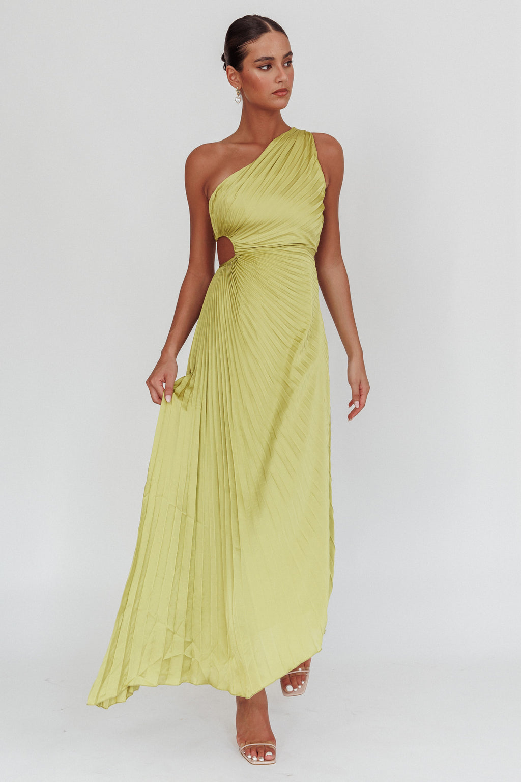 Amelie One-Shoulder Accordion Pleat Maxi Dress Lime by Selfie Leslie Australia
