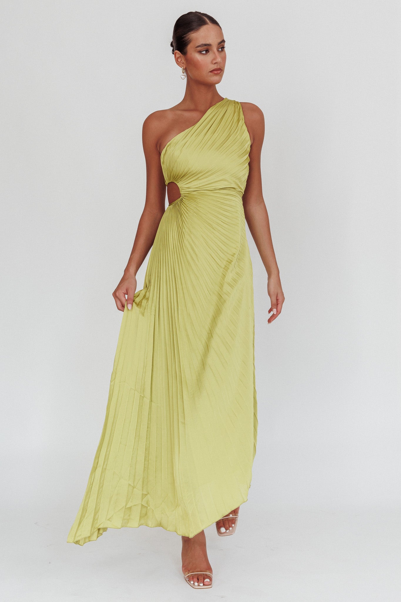 Amelie One-Shoulder Accordion Pleat Maxi Dress Lime by Selfie Leslie Australia