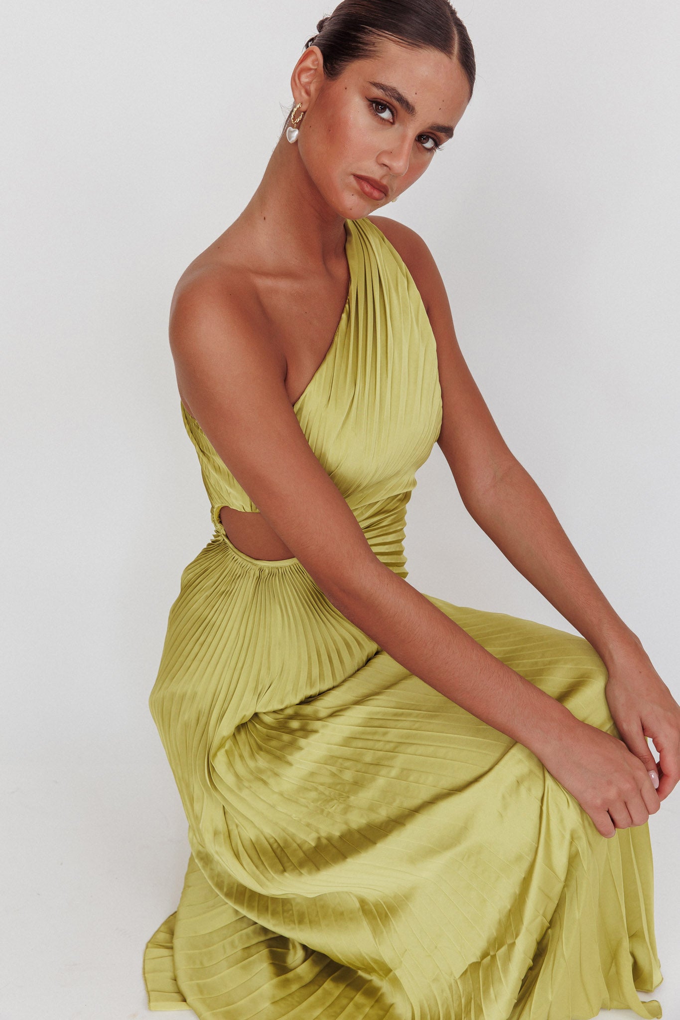 Amelie One-Shoulder Accordion Pleat Maxi Dress Lime by Selfie Leslie Australia