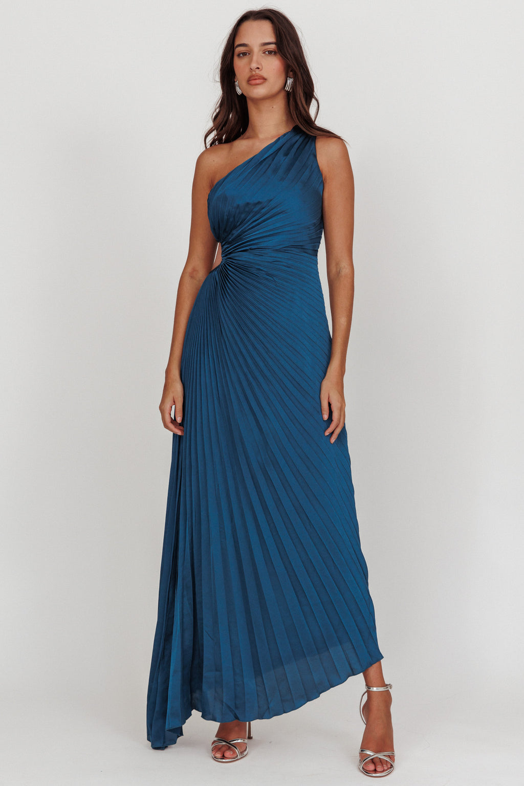 Amelie One-Shoulder Accordion Pleat Maxi Dress Teal by Selfie Leslie Australia