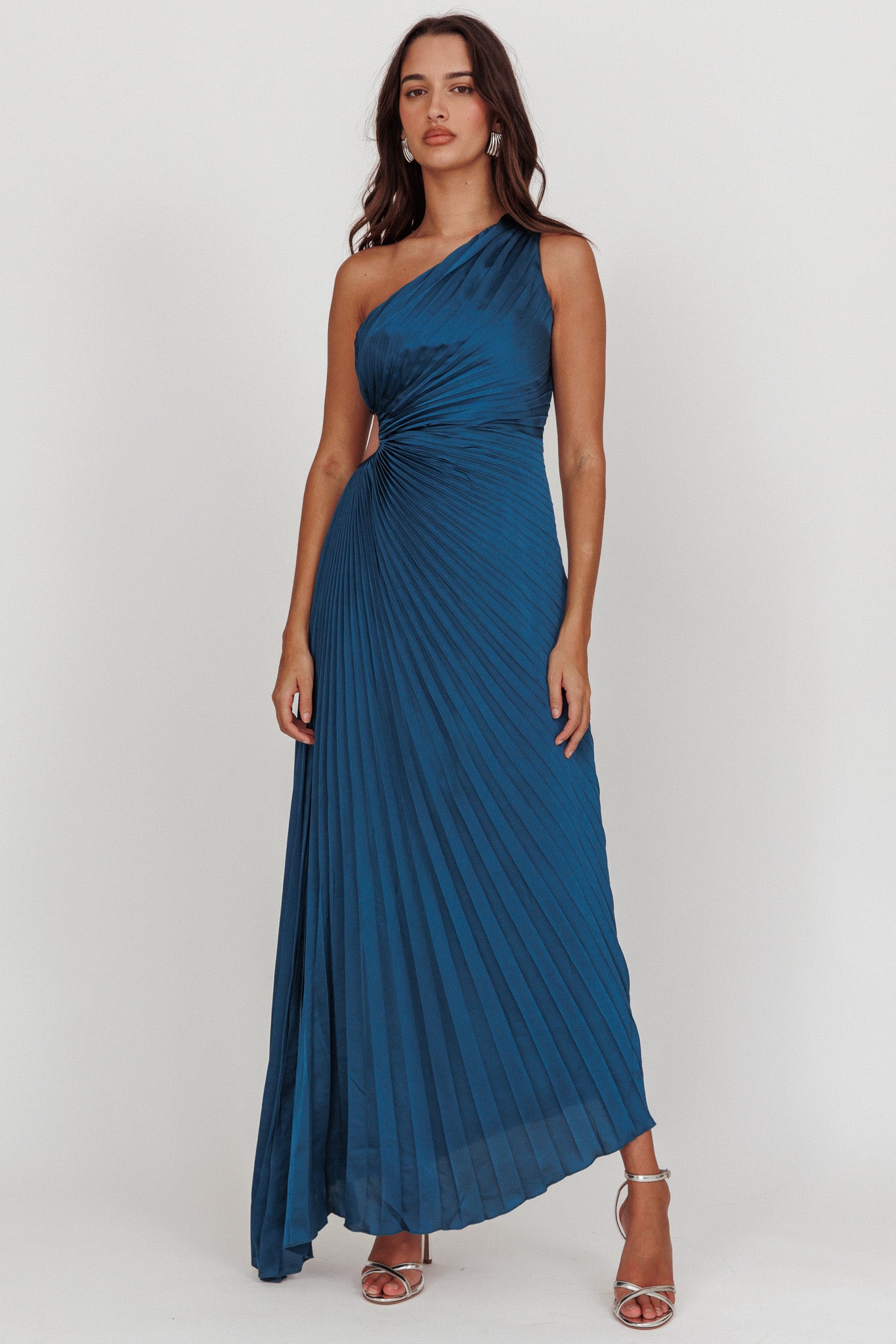 Amelie One-Shoulder Accordion Pleat Maxi Dress Teal by Selfie Leslie Australia