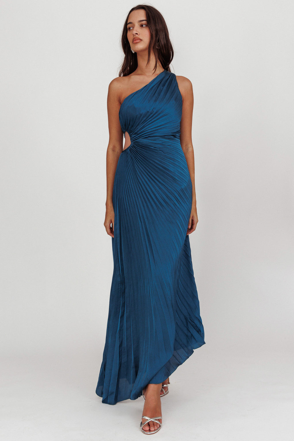 Amelie One-Shoulder Accordion Pleat Maxi Dress Teal by Selfie Leslie Australia