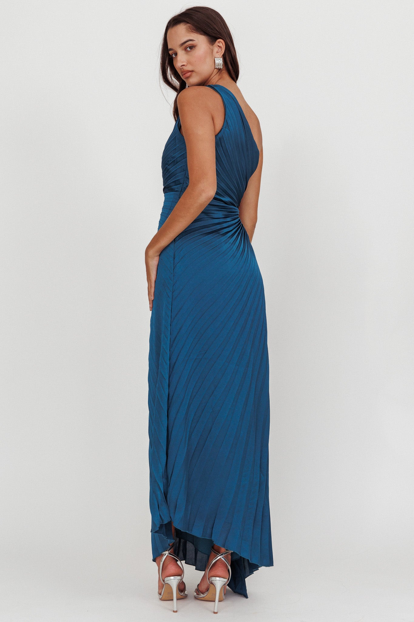 Amelie One-Shoulder Accordion Pleat Maxi Dress Teal by Selfie Leslie Australia