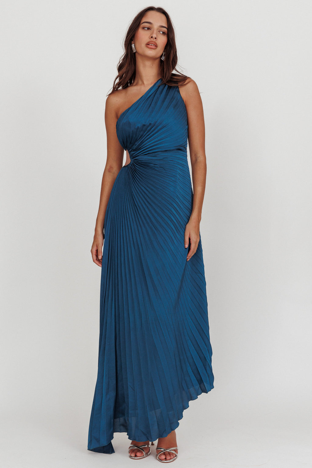 Amelie One-Shoulder Accordion Pleat Maxi Dress Teal by Selfie Leslie Australia