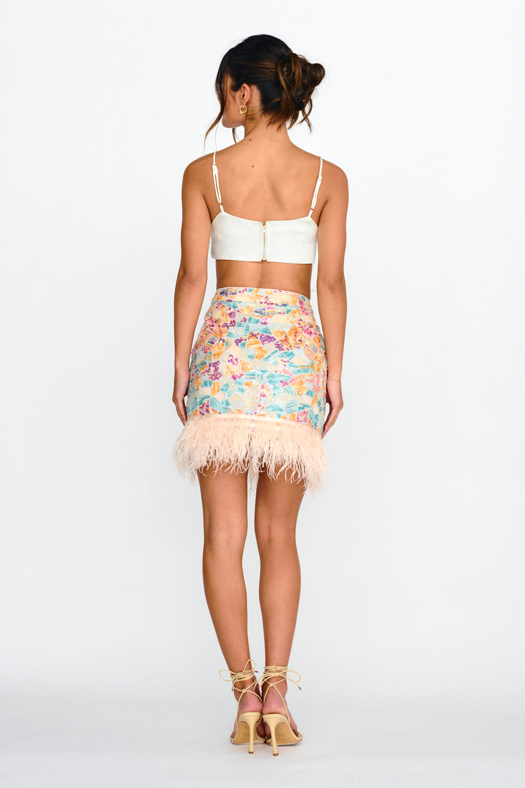 Popstar Sequin Feather Hem Skirt Cream Multi by Selfie Leslie Australia