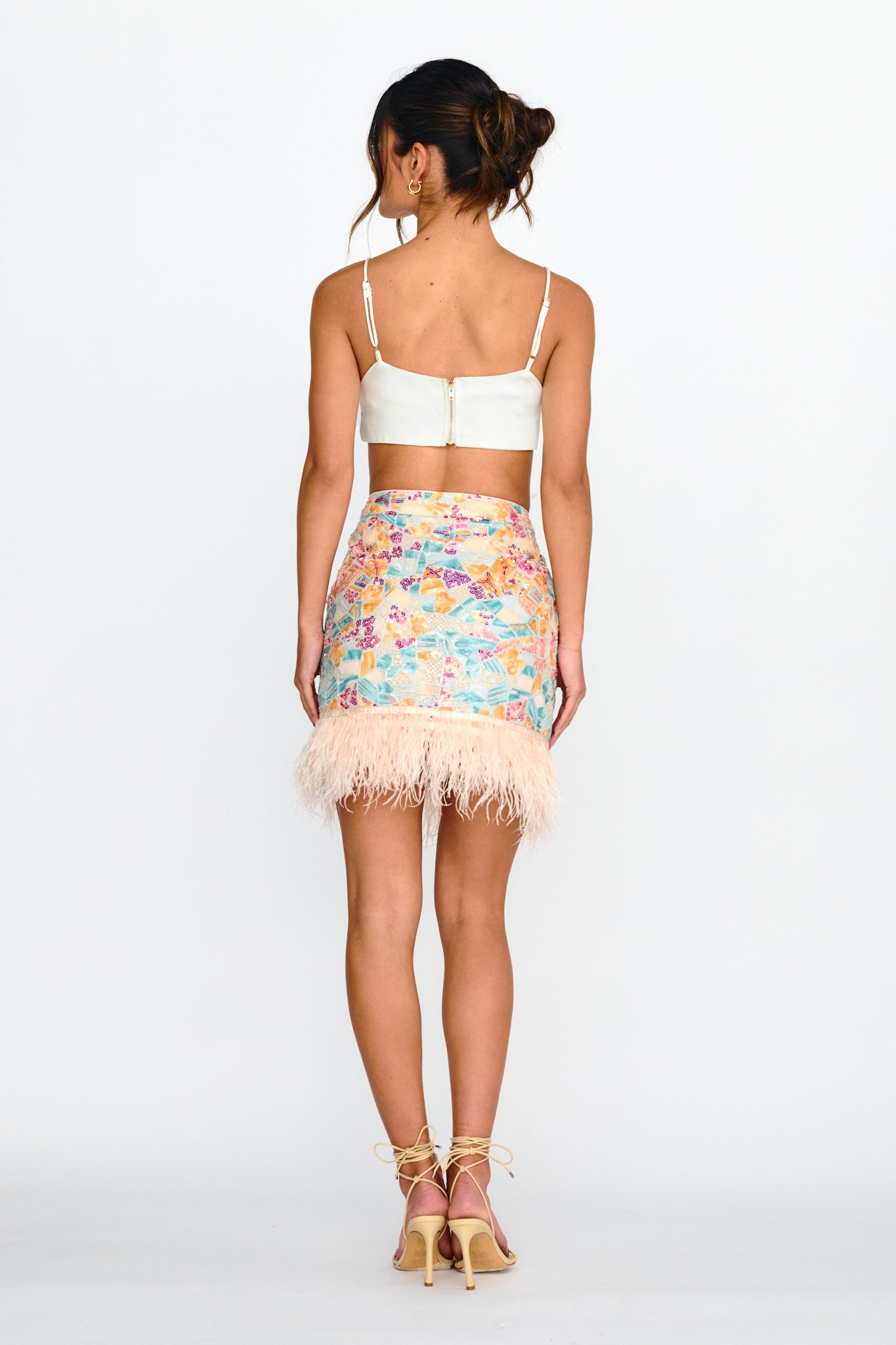 Popstar Sequin Feather Hem Skirt Cream Multi by Selfie Leslie Australia