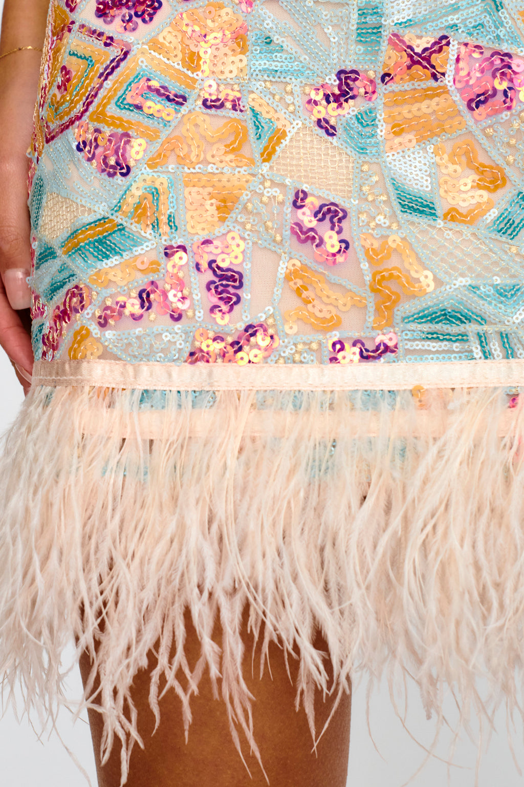 Popstar Sequin Feather Hem Skirt Cream Multi by Selfie Leslie Australia