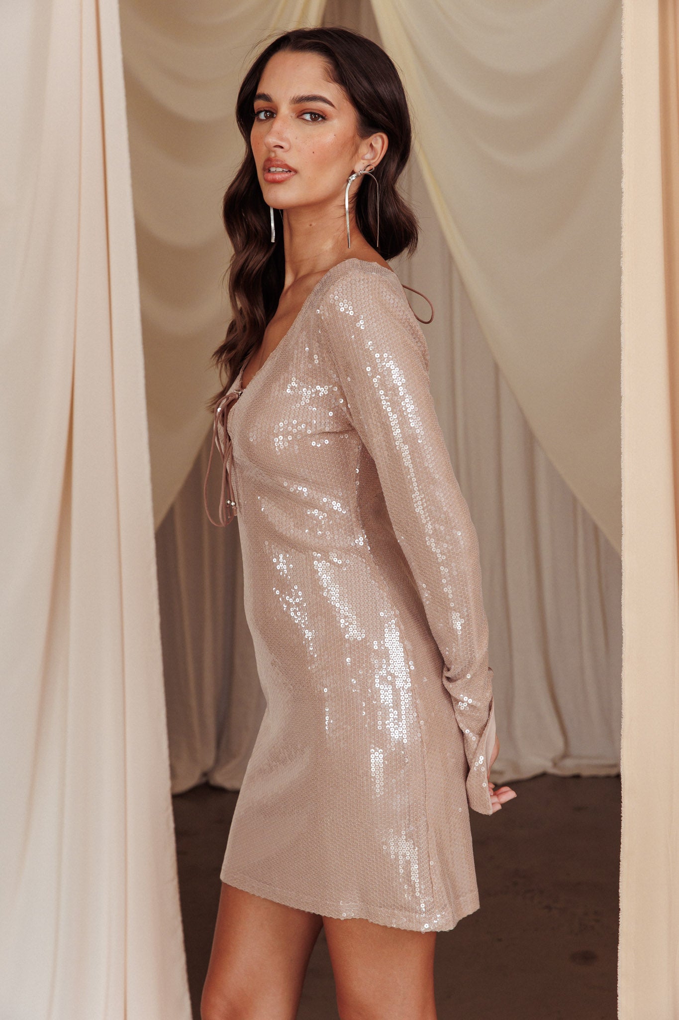 Poppin' Bottles Tied Bust Sequin Mini Dress Beige by Selfie Leslie Australia