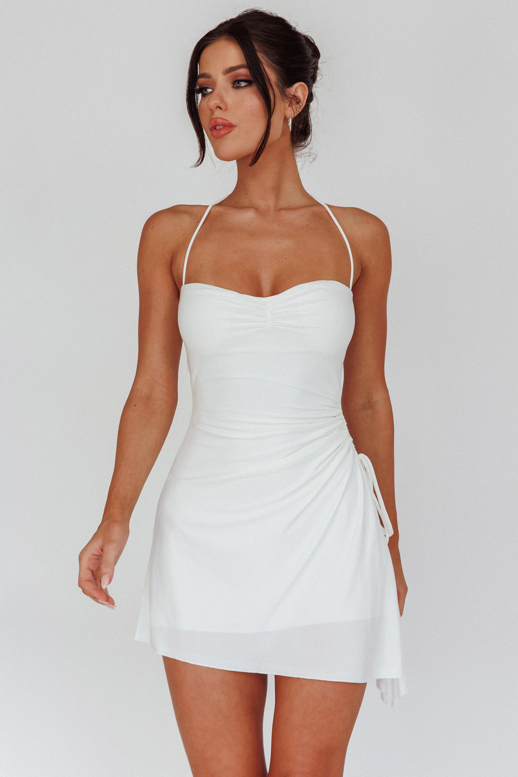 Thriving Ruched Side Mini Dress Off White by Selfie Leslie Australia