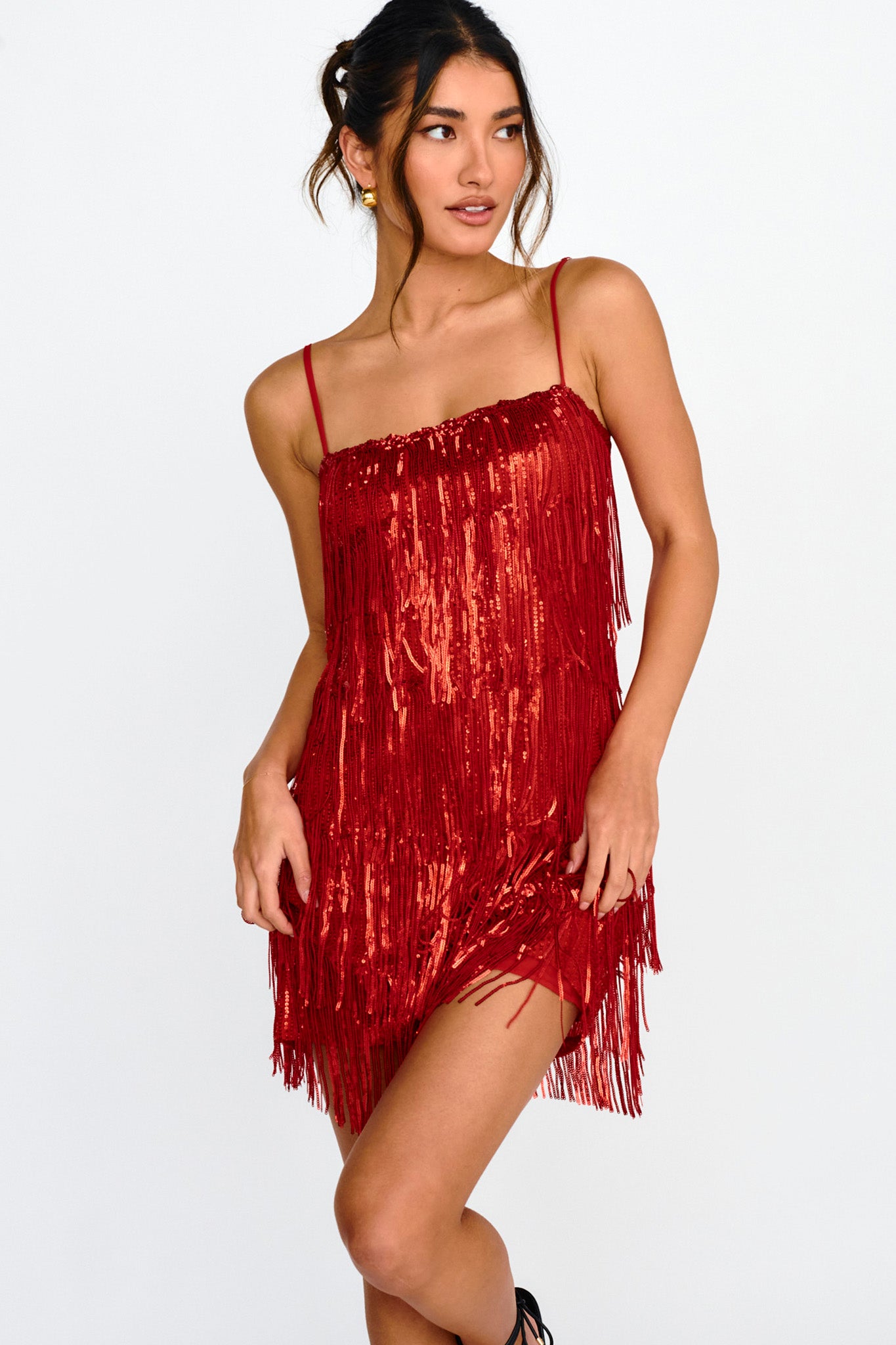 New York Nights Sequin Fringe Mini Dress Red by Selfie Leslie Australia