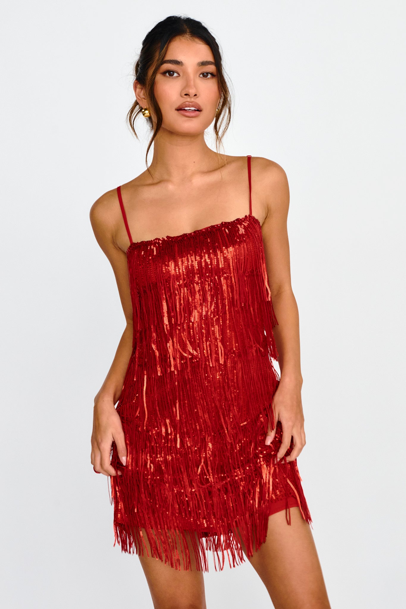 New York Nights Sequin Fringe Mini Dress Red by Selfie Leslie Australia