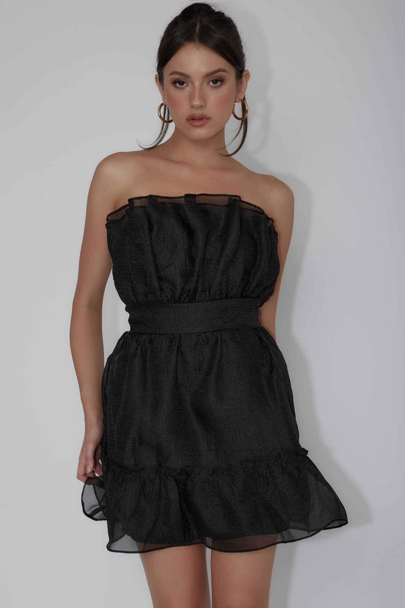 Marisela Strapless Frill Hem Mini Dress Black by Selfie Leslie Australia