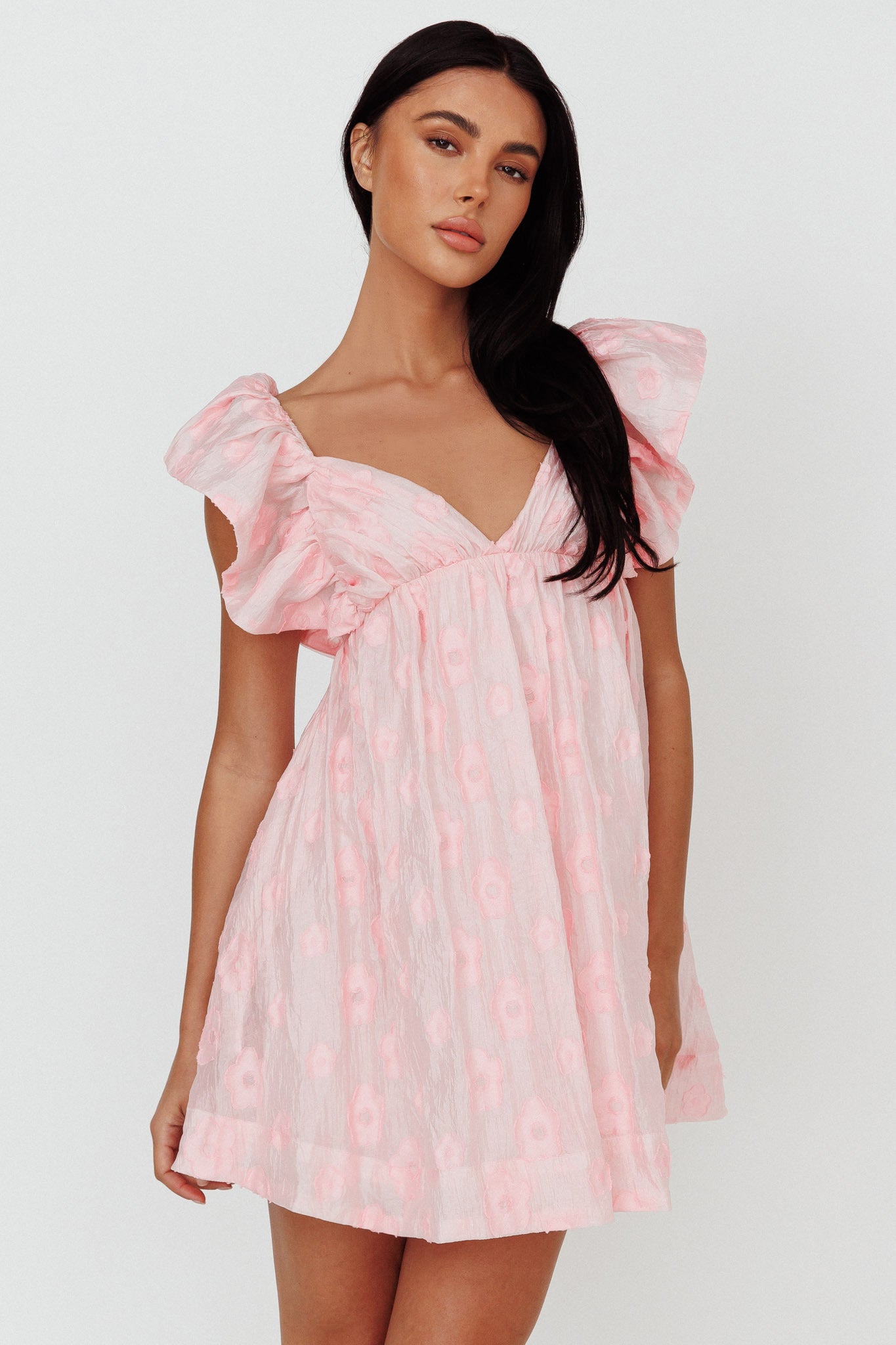 Melrose Place Floral Textured Frill Dress Pink by Selfie Leslie Australia