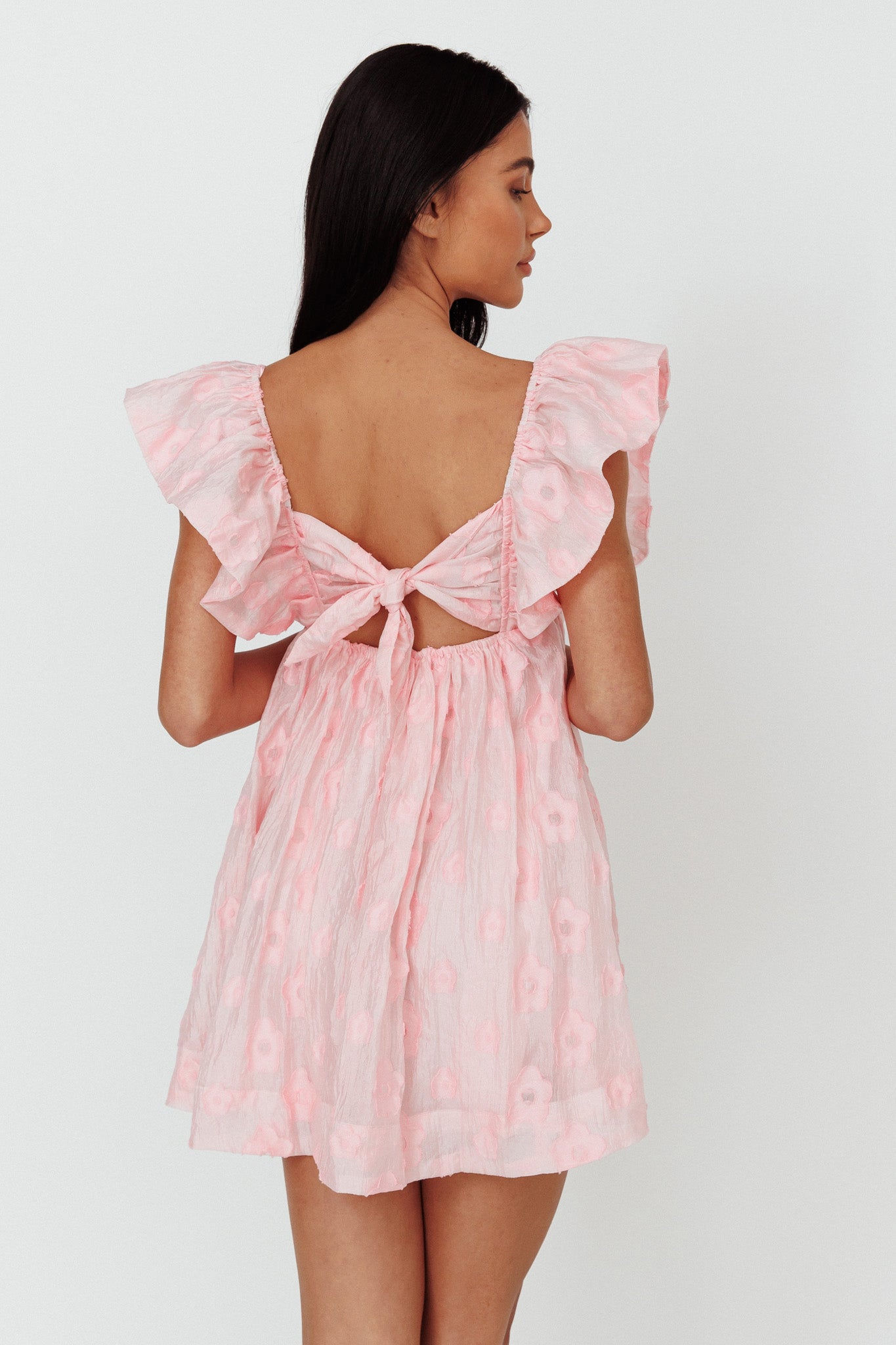 Melrose Place Floral Textured Frill Dress Pink by Selfie Leslie Australia