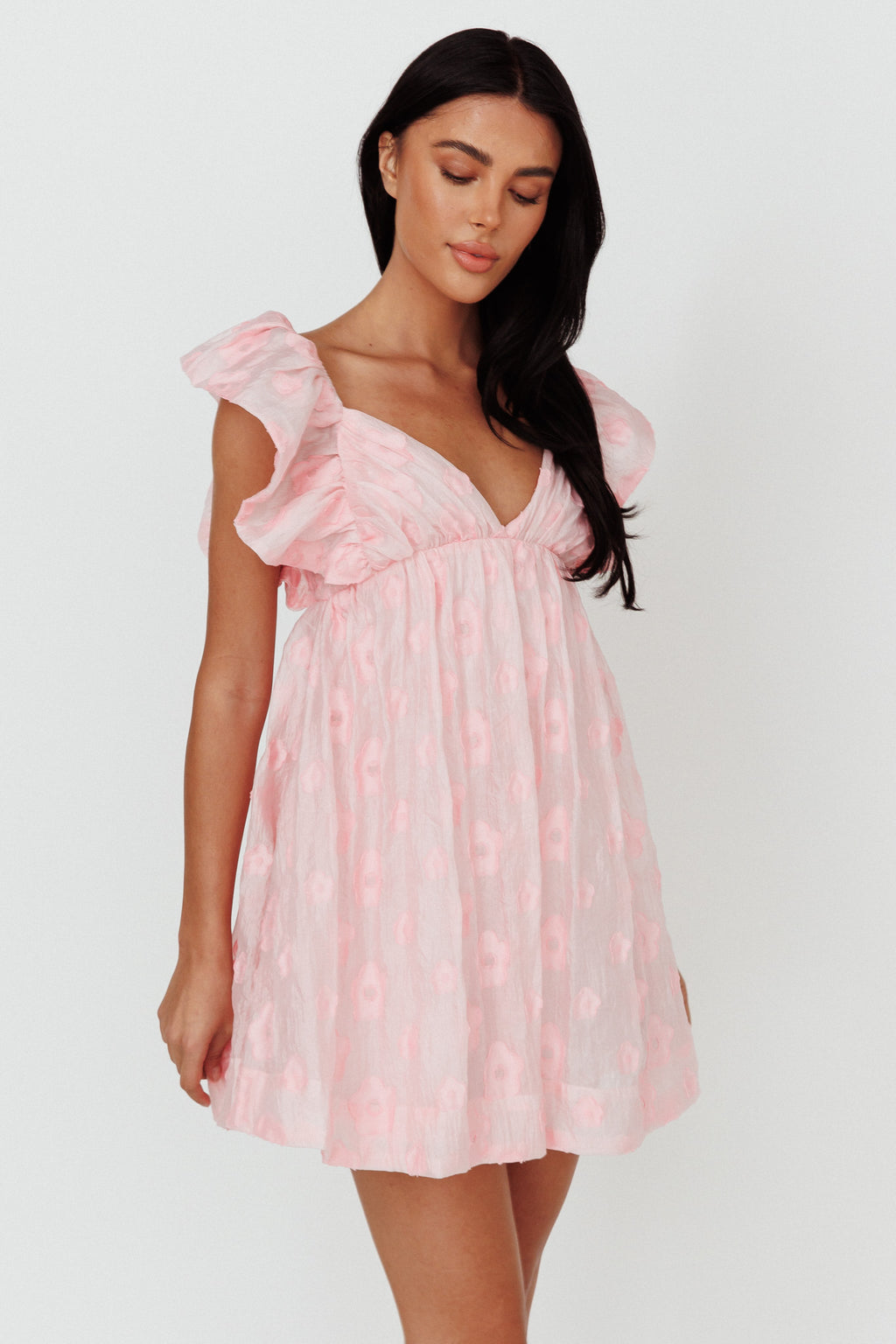 Melrose Place Floral Textured Frill Dress Pink by Selfie Leslie Australia